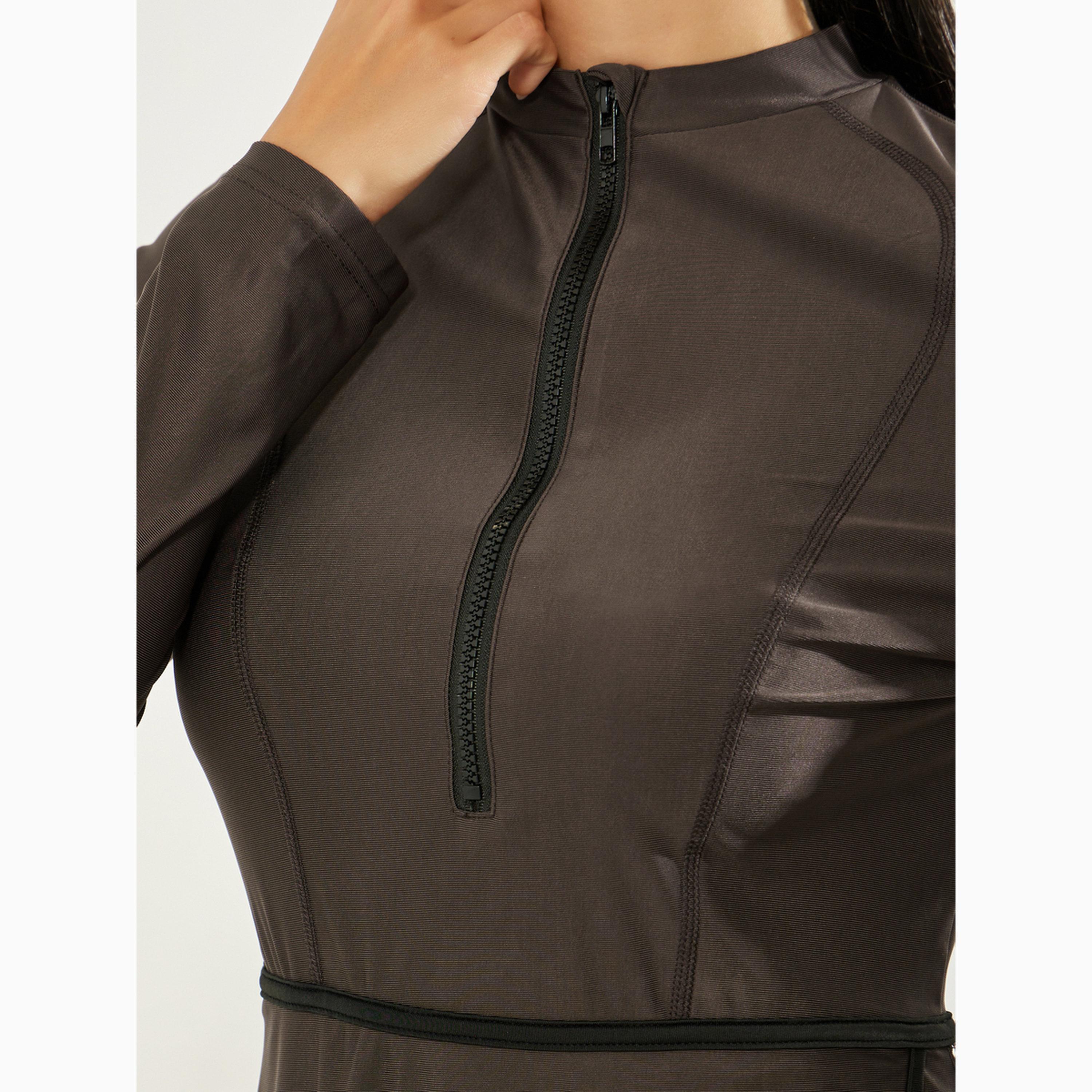 Styli Pack of 3 - Solid Zip-Up Contrast Edge Wrap Tunic with Cap and Leggings Burkini Set-women-clothing-swimandbeach-swim-burkinis-image-4