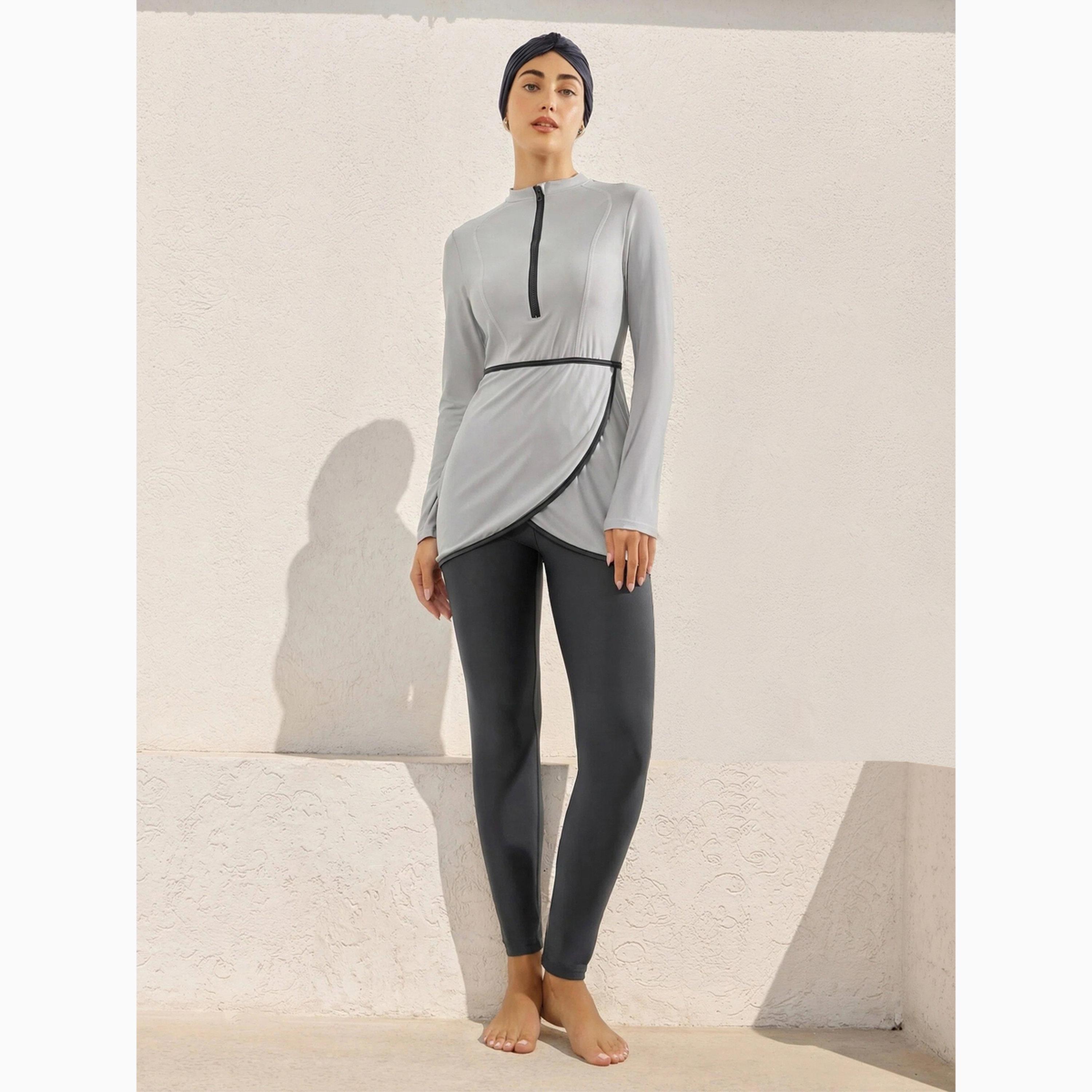 طقم بوركيني من 3 قطع تونيك بنمط لف وسحاب وليقنز مع غطاء رأس-women-clothing-swimandbeach-swim-burkinis-image-1