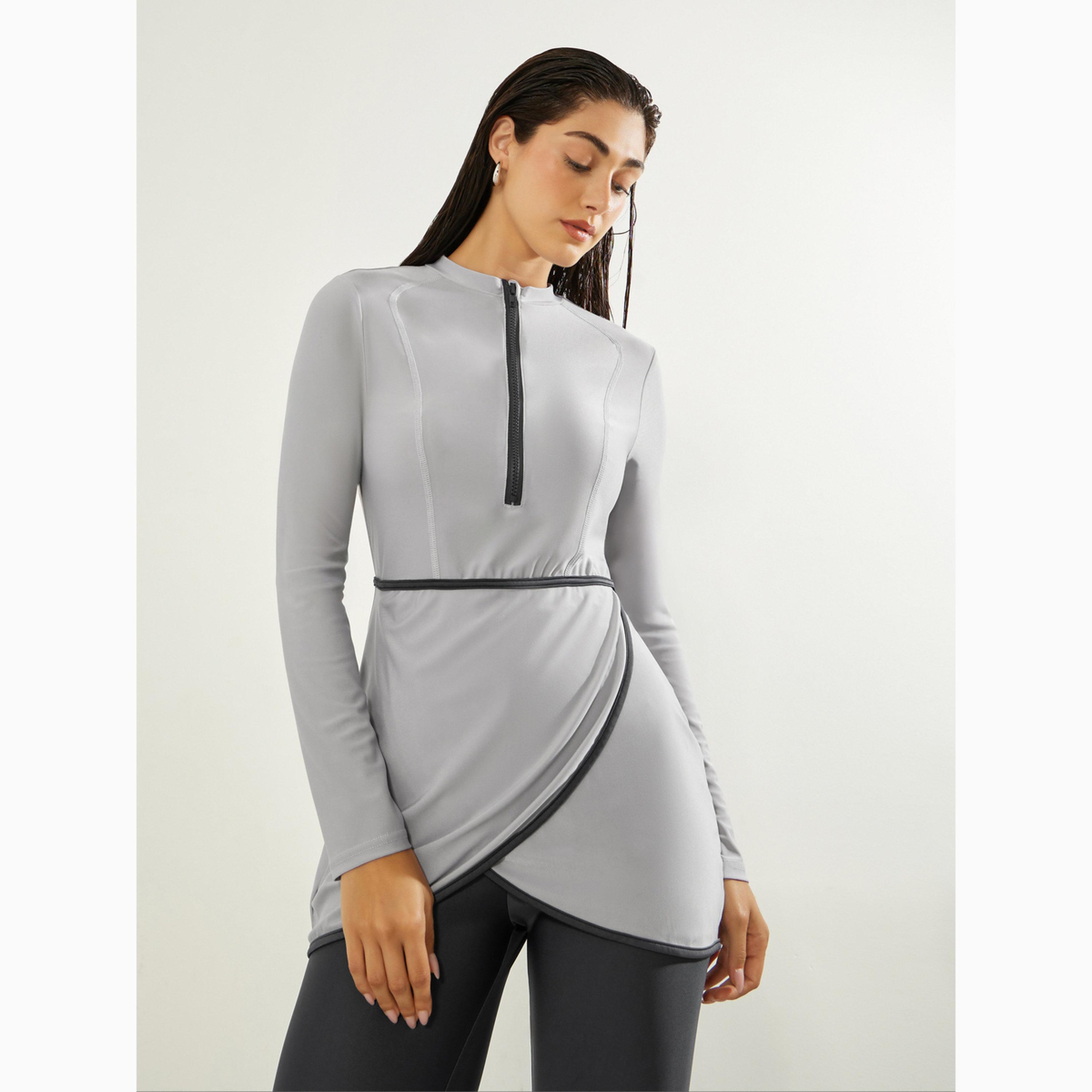 طقم بوركيني من 3 قطع تونيك بنمط لف وسحاب وليقنز مع غطاء رأس-women-clothing-swimandbeach-swim-burkinis-image-2