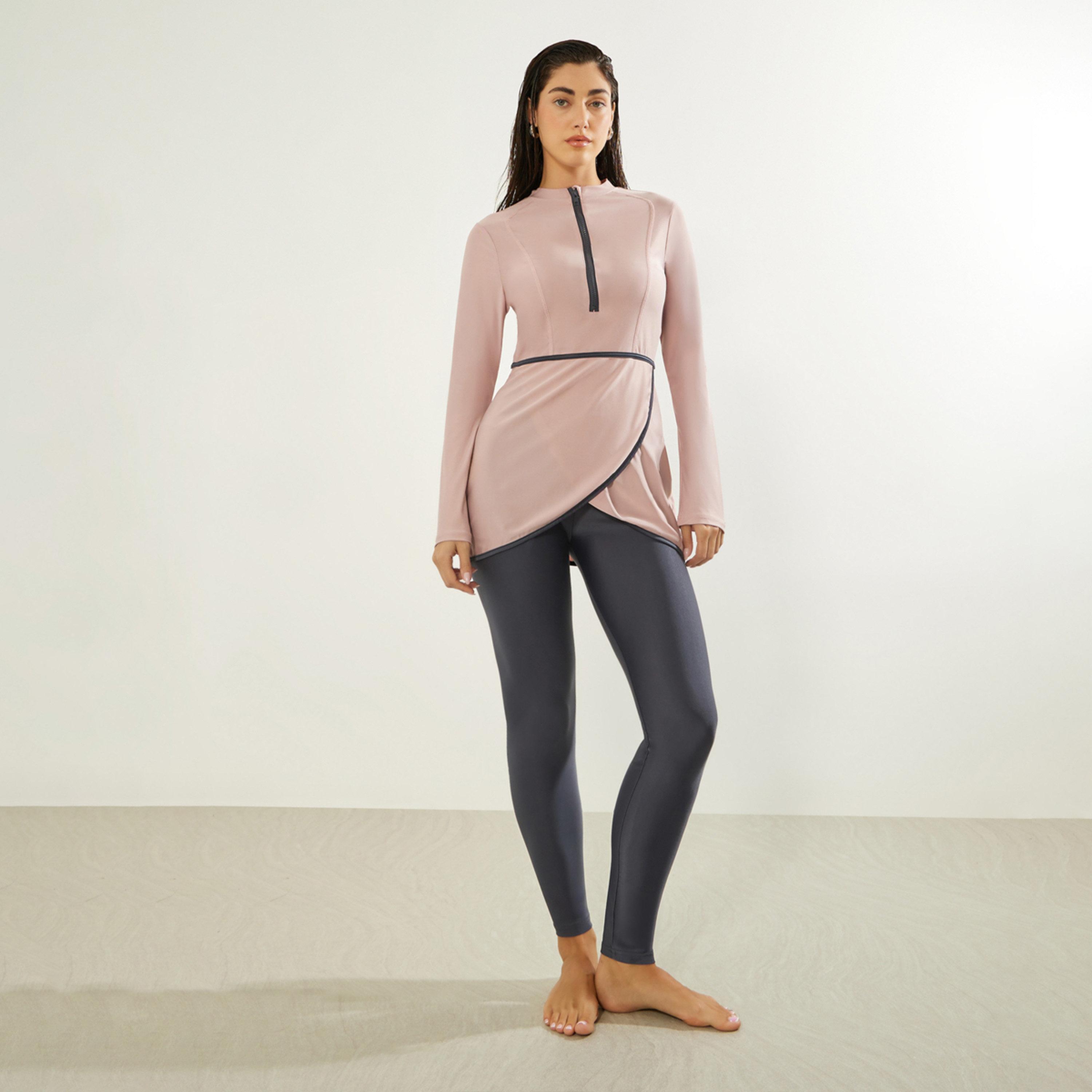 Styli Pack of 3 - Solid Zip-Up Contrast Edge Wrap Tunic with Cap and Leggings Burkini Set-women-clothing-swimandbeach-swim-burkinis-image-1
