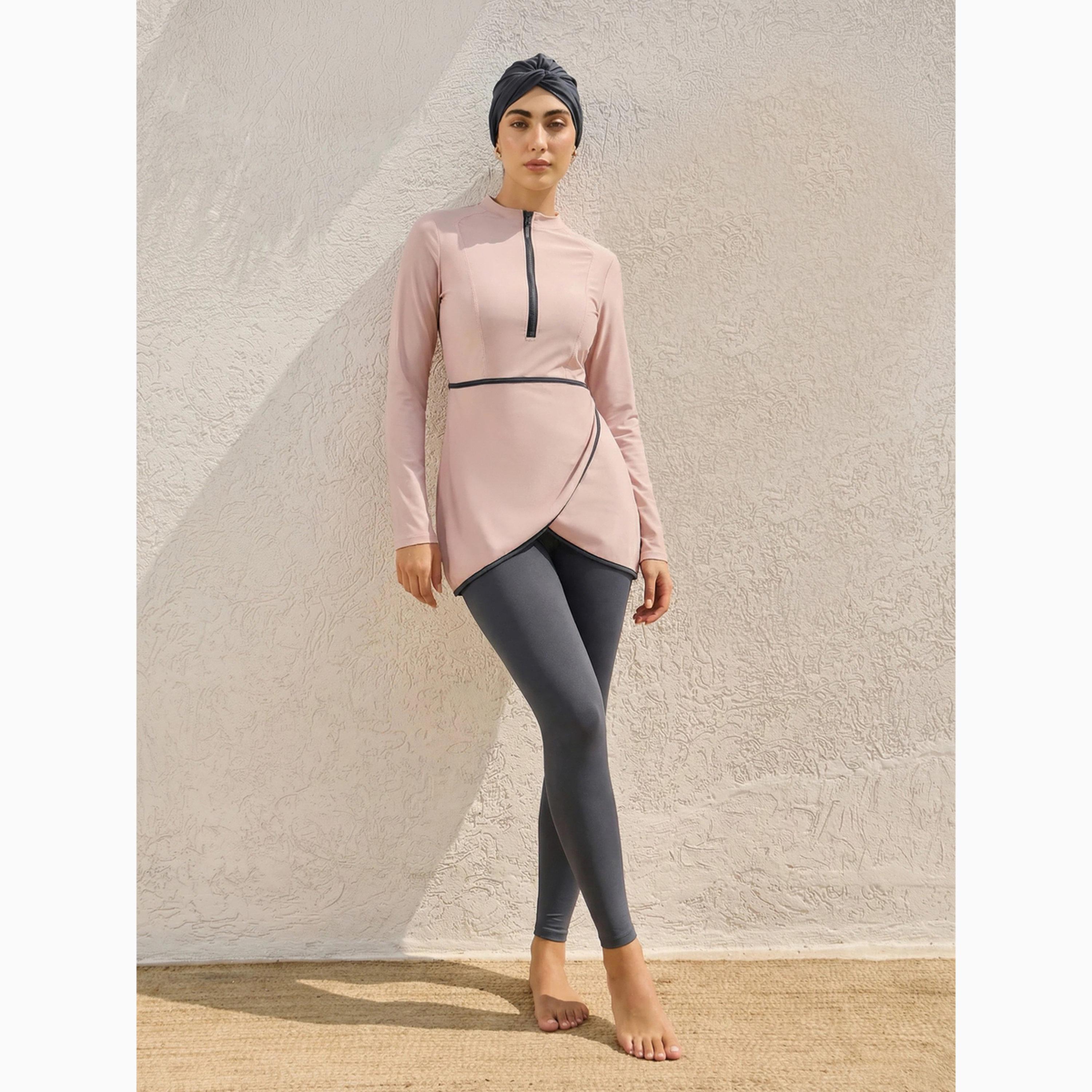 Styli Pack of 3 - Solid Zip-Up Contrast Edge Wrap Tunic with Cap and Leggings Burkini Set-women-clothing-swimandbeach-swim-burkinis-image-2