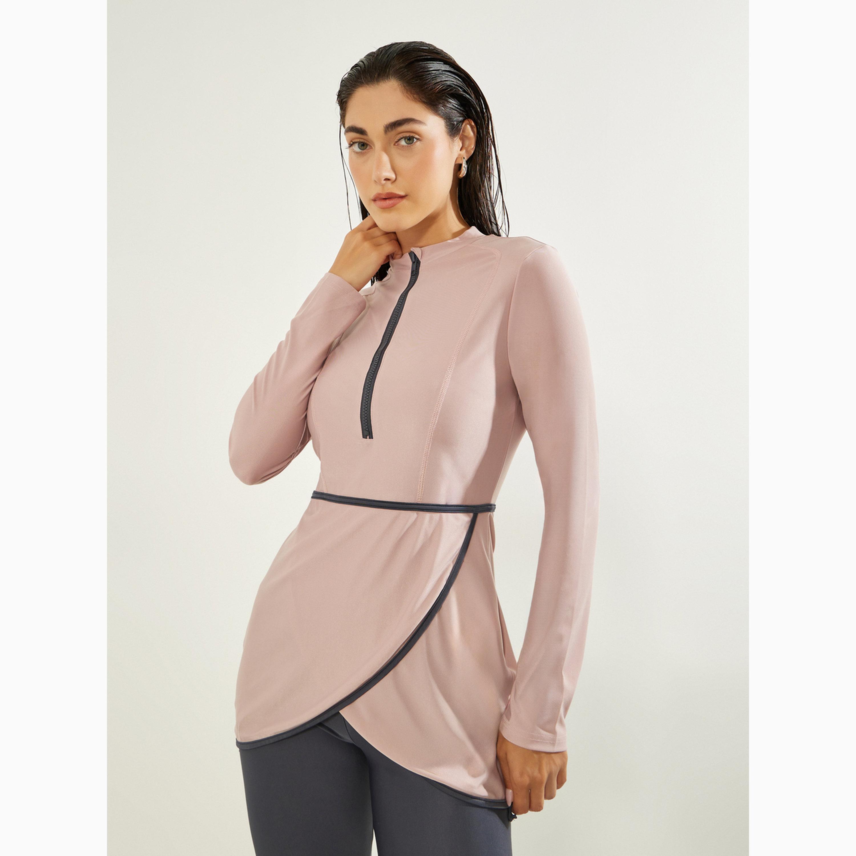 Styli Pack of 3 - Solid Zip-Up Contrast Edge Wrap Tunic with Cap and Leggings Burkini Set-women-clothing-swimandbeach-swim-burkinis-image-3