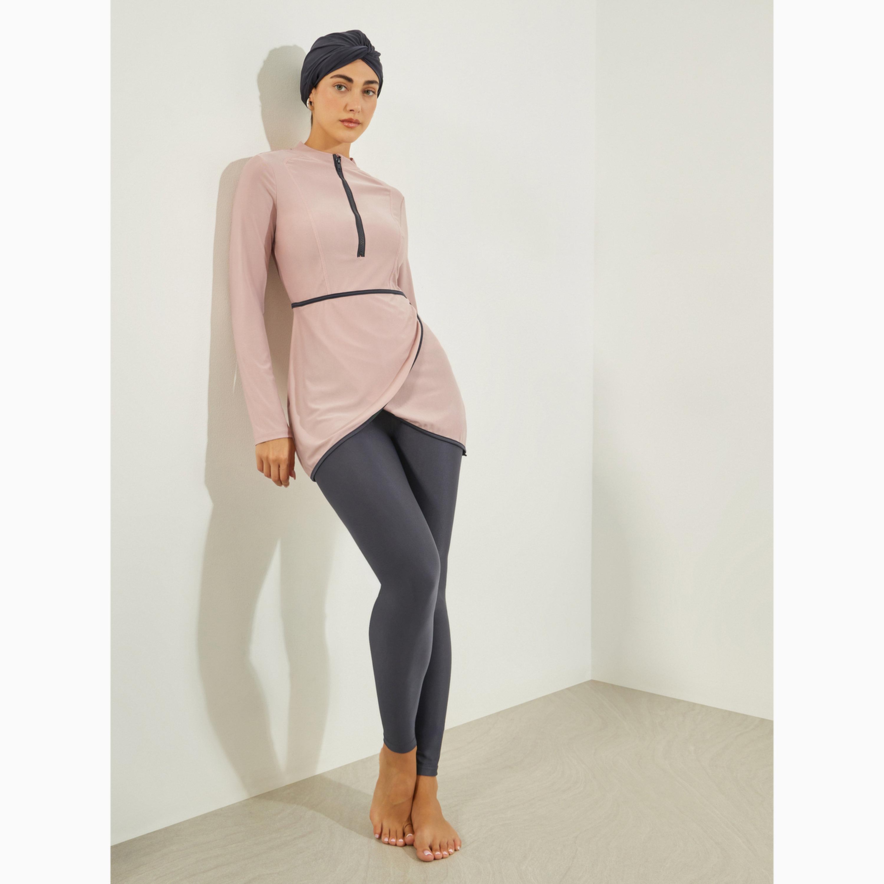 طقم بوركيني من 3 قطع تونيك بنمط لف وسحاب وليقنز مع غطاء رأس-women-clothing-swimandbeach-swim-burkinis-image-4
