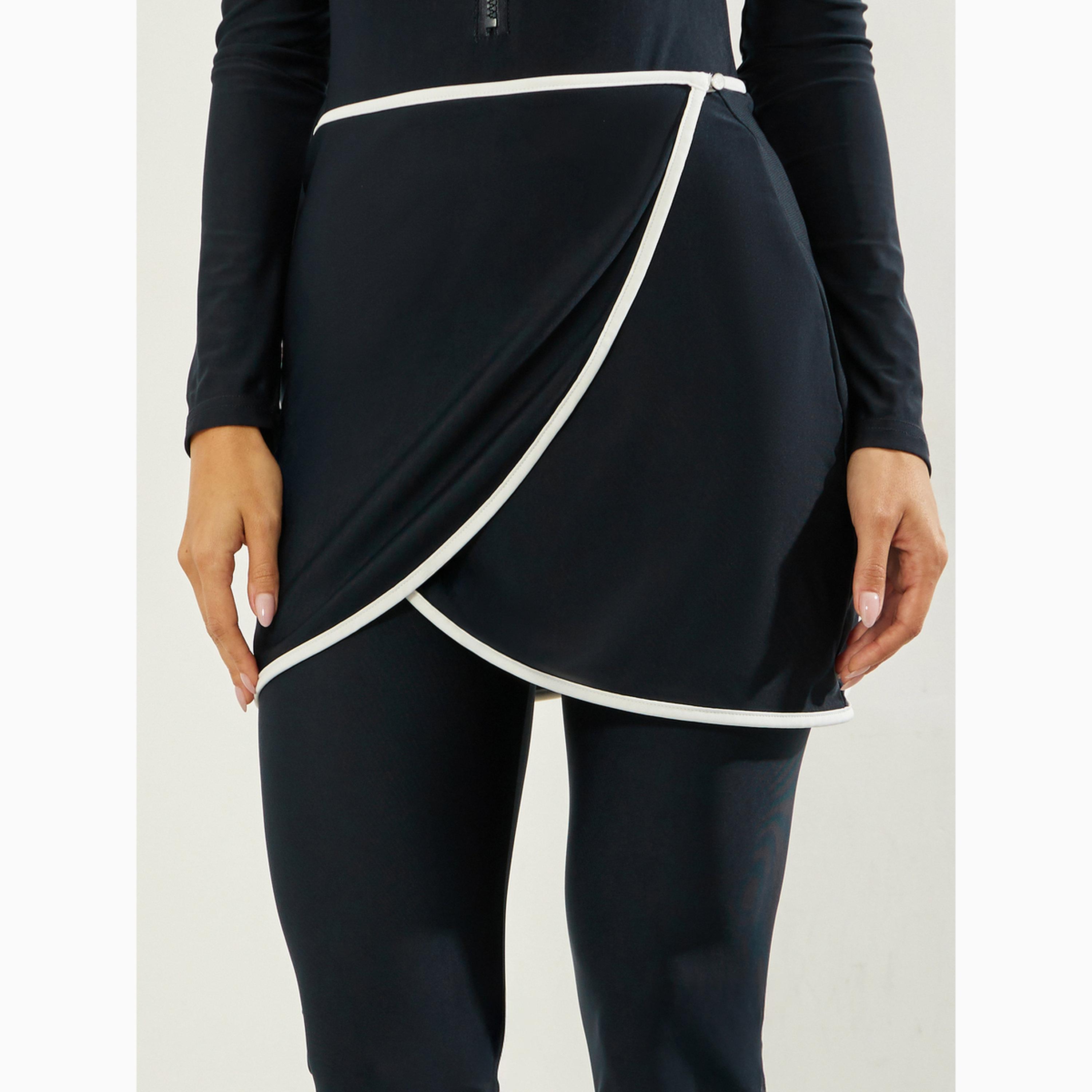 Styli Pack of 3 - Solid Full Sleeve Front Zip Swimsuit, Contrast Edge Wrap Skirt and Leggings Burkini Set-women-clothing-swimandbeach-swim-burkinis-image-3