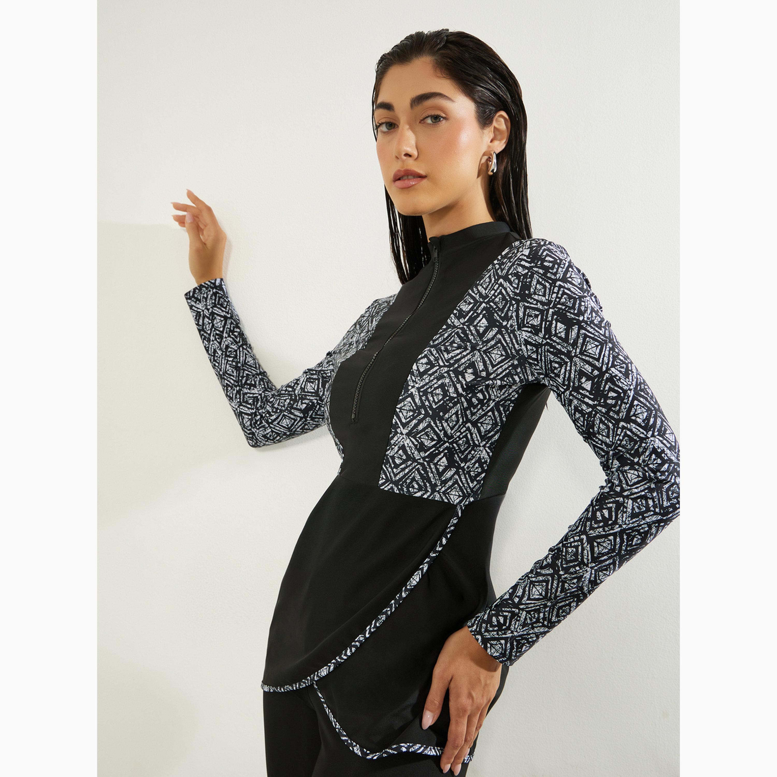 Styli Pack of 2 - Geo Print Side Panels Wrap Around Tunic and Leggings With Side Loop Burkini Set-women-clothing-swimandbeach-swim-burkinis-image-2