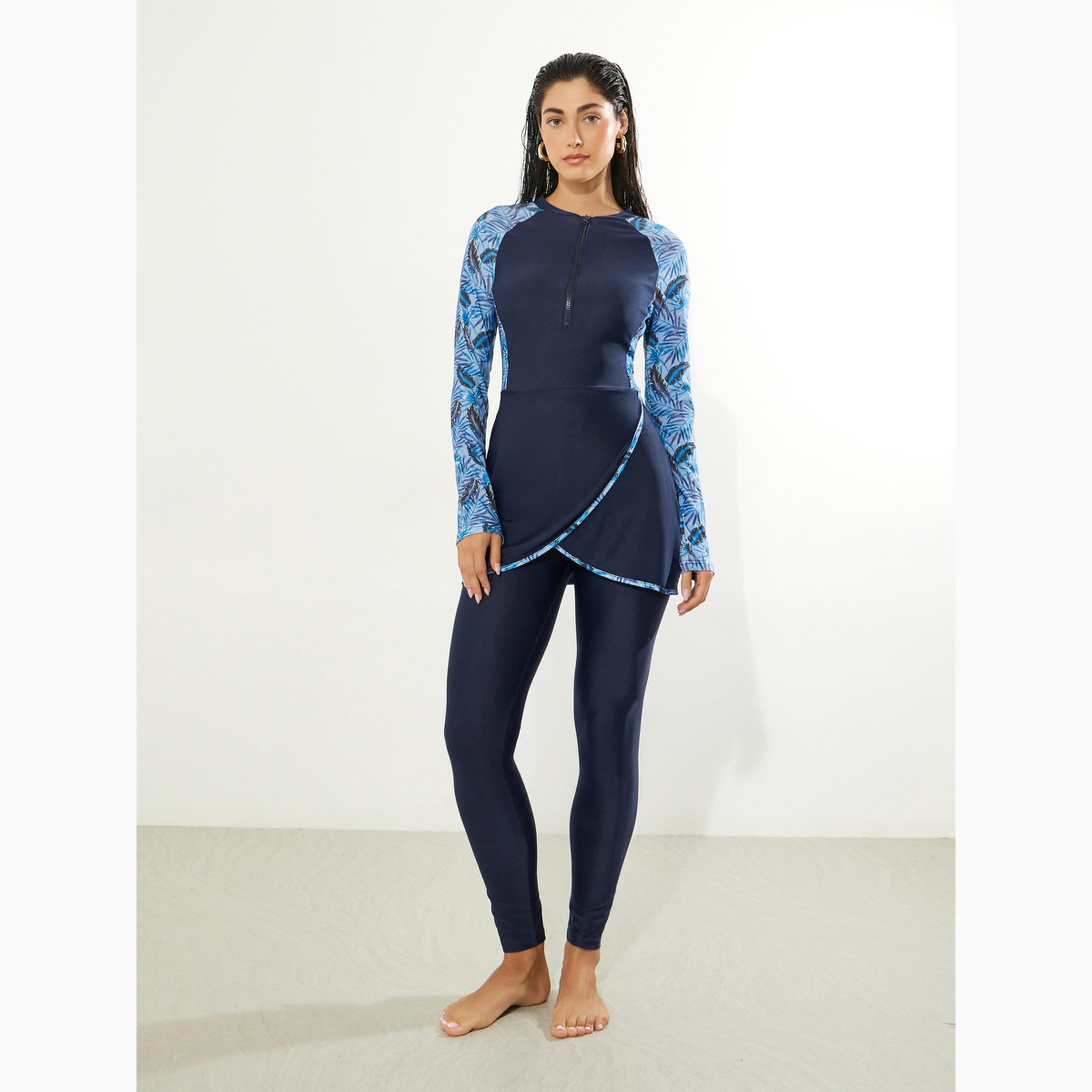 طقم بوركيني من 2 قطعة تونيك بنمط لف وطبعة أوراق شجر وليقنز-women-clothing-swimandbeach-swim-burkinis-image-1