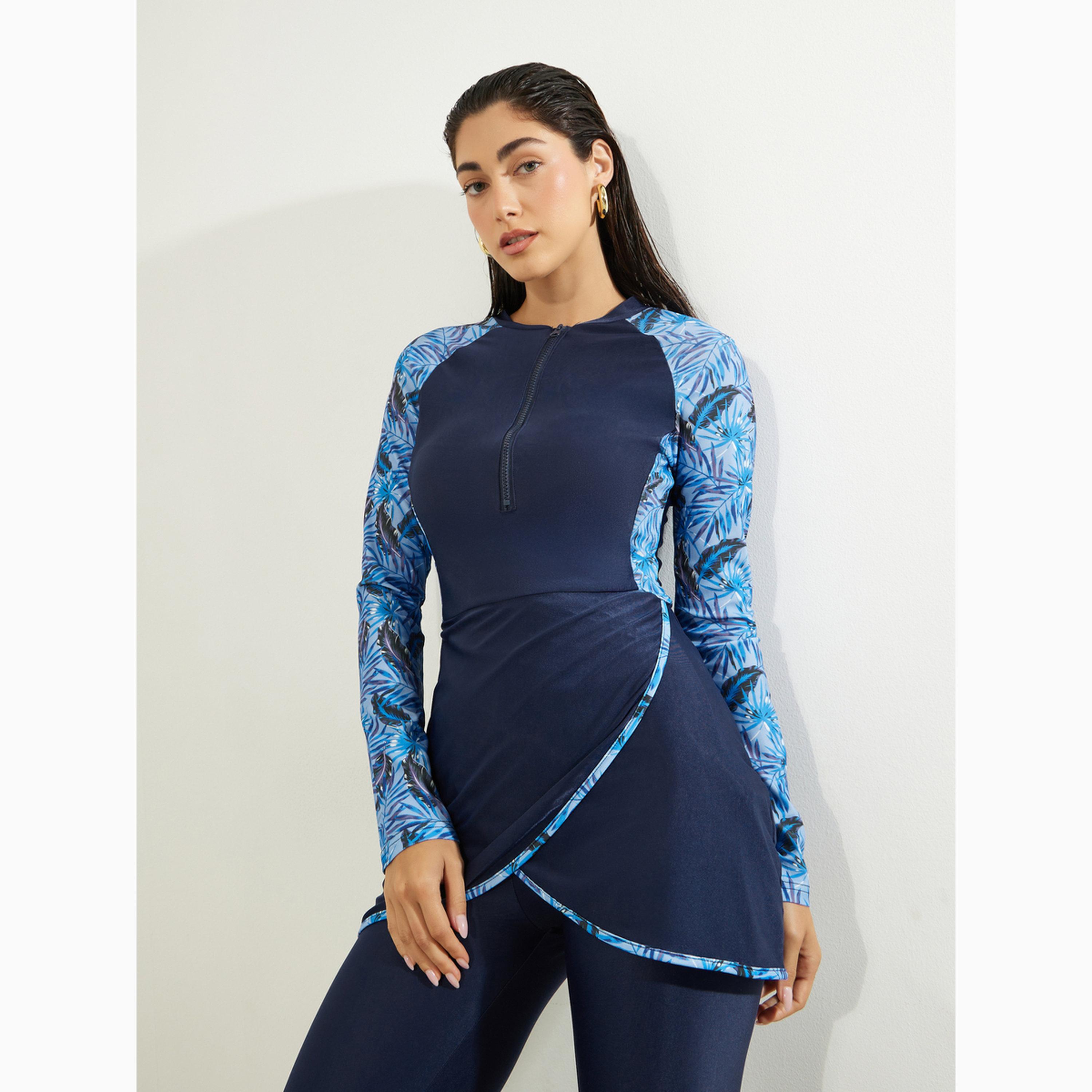 طقم بوركيني من 2 قطعة تونيك بنمط لف وطبعة أوراق شجر وليقنز-women-clothing-swimandbeach-swim-burkinis-image-2