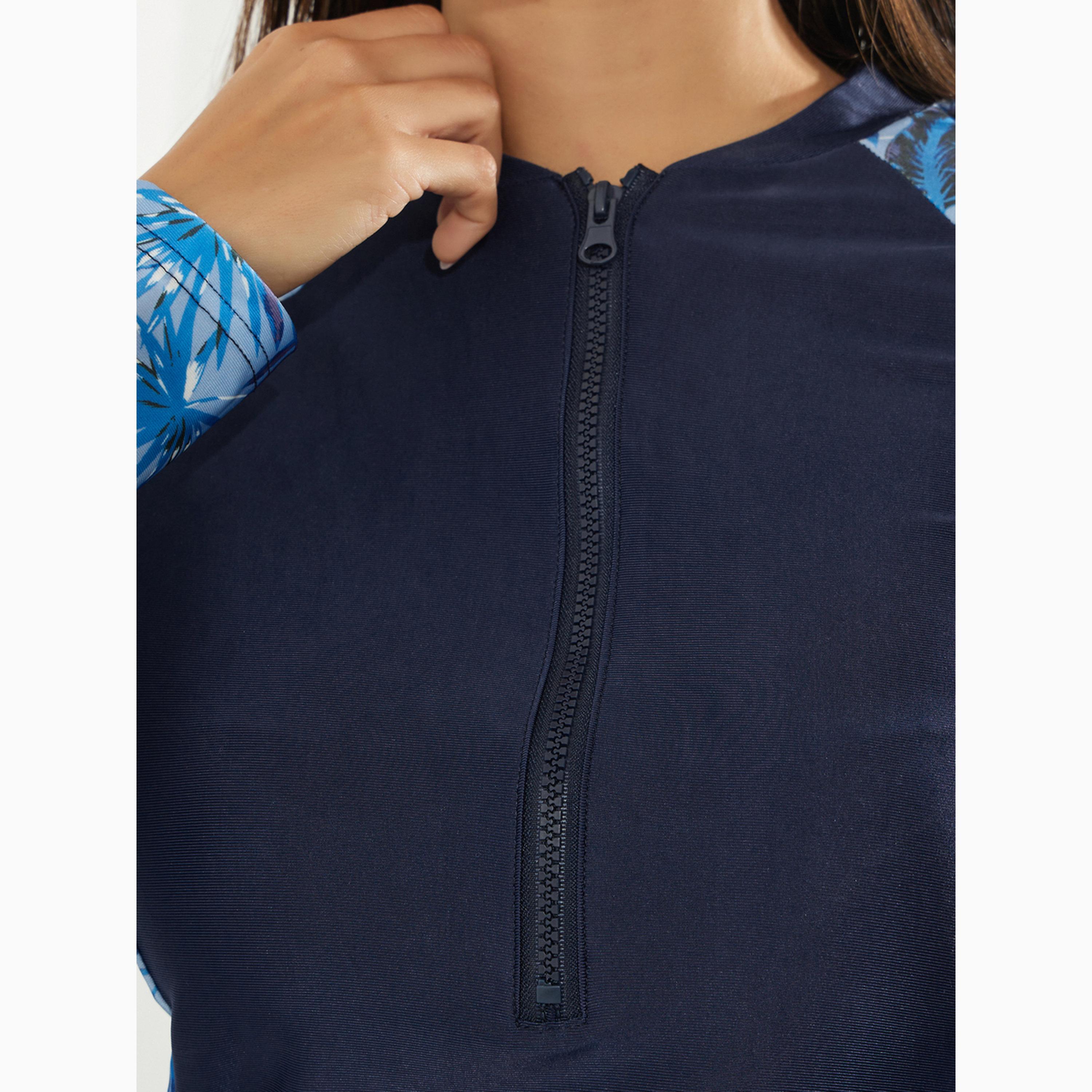 طقم بوركيني من 2 قطعة تونيك بنمط لف وطبعة أوراق شجر وليقنز-women-clothing-swimandbeach-swim-burkinis-image-4