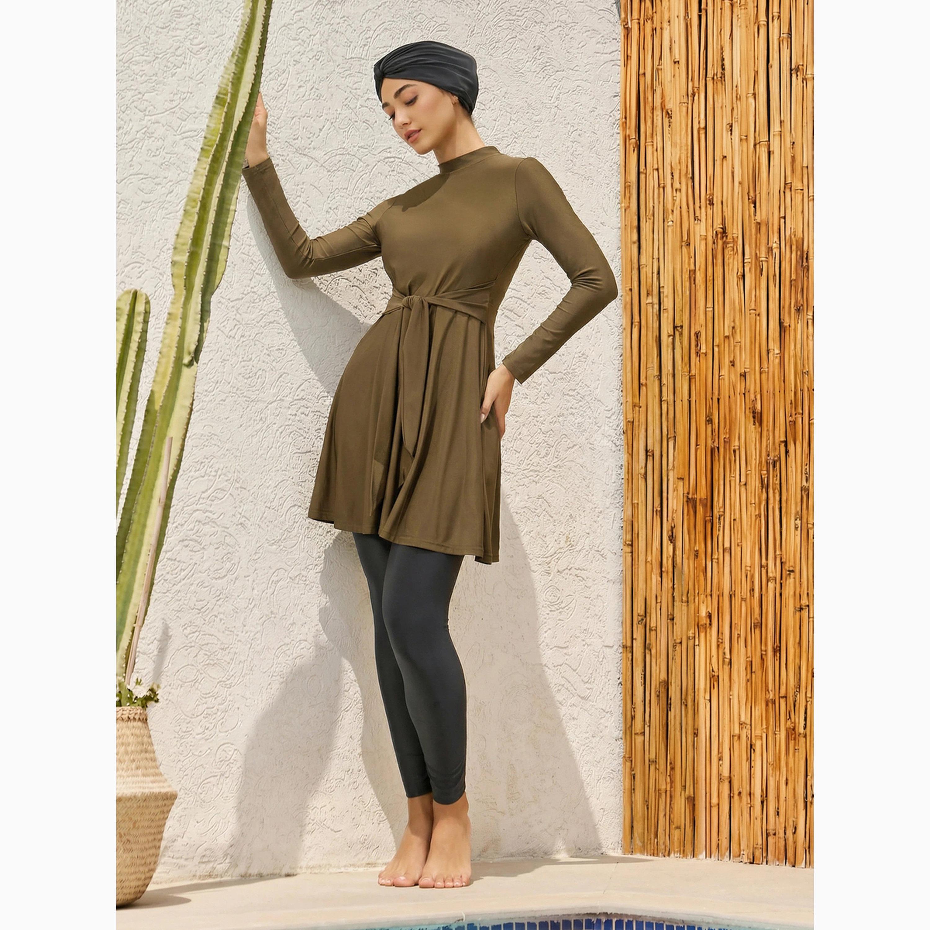 Styli Pack of 3 -  Full Sleeve Long Tunic with Tie Knot Detail, Cap and Leggings Burkini Set-women-clothing-swimandbeach-swim-burkinis-image-3