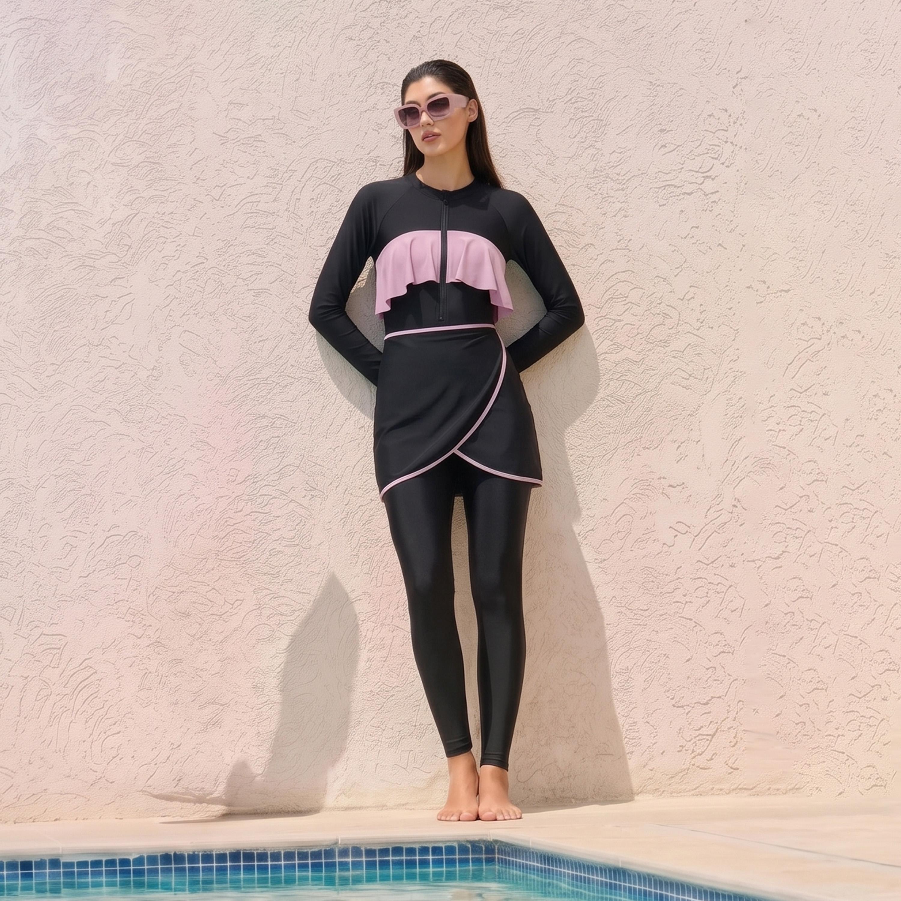طقم من 3 قطع بدلة سباحة بأكمام ريجلان وكشكش مع تنورة ملفوفة وليقنز-women-clothing-swimandbeach-swim-burkinis-image-1