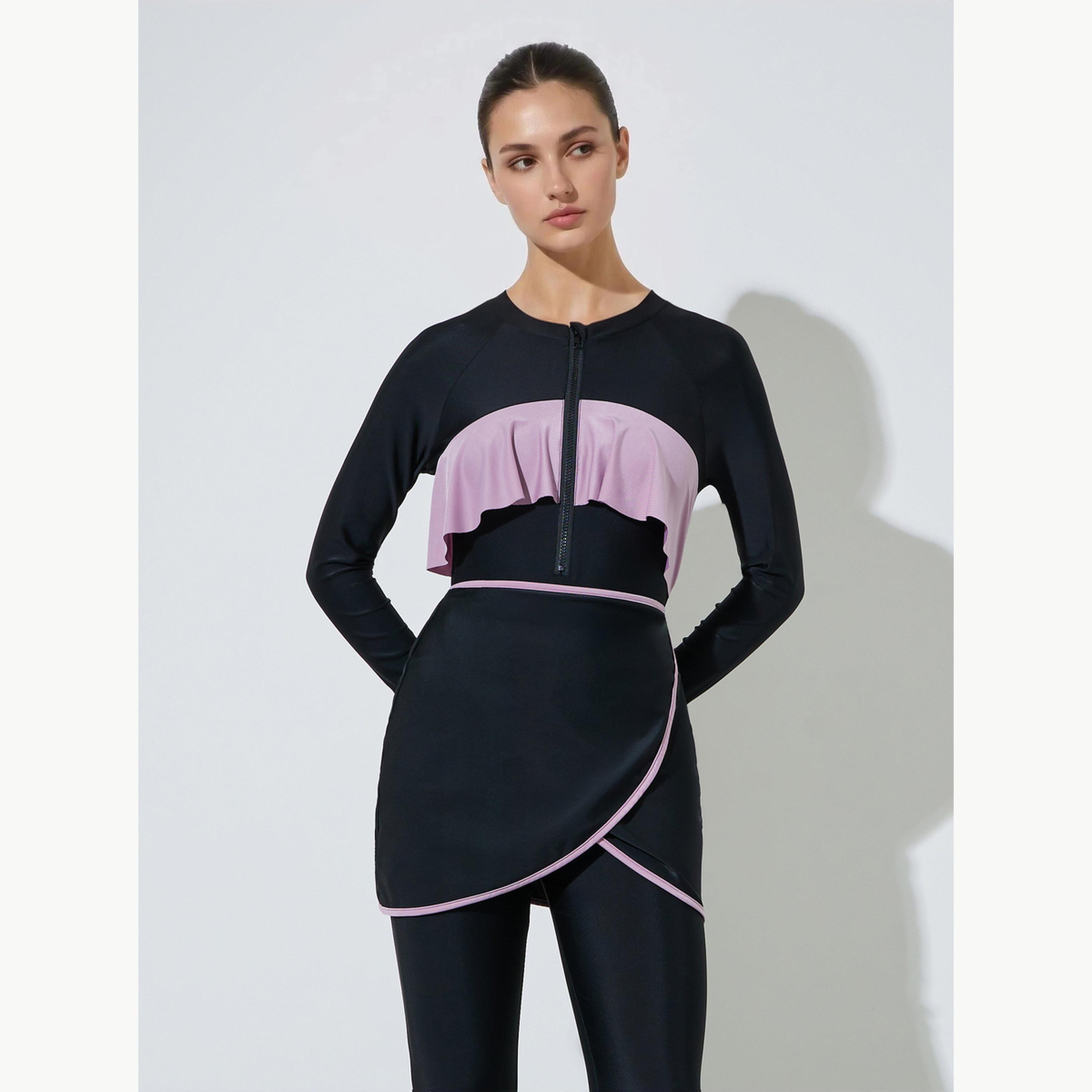 طقم من 3 قطع بدلة سباحة بأكمام ريجلان وكشكش مع تنورة ملفوفة وليقنز-women-clothing-swimandbeach-swim-burkinis-image-2