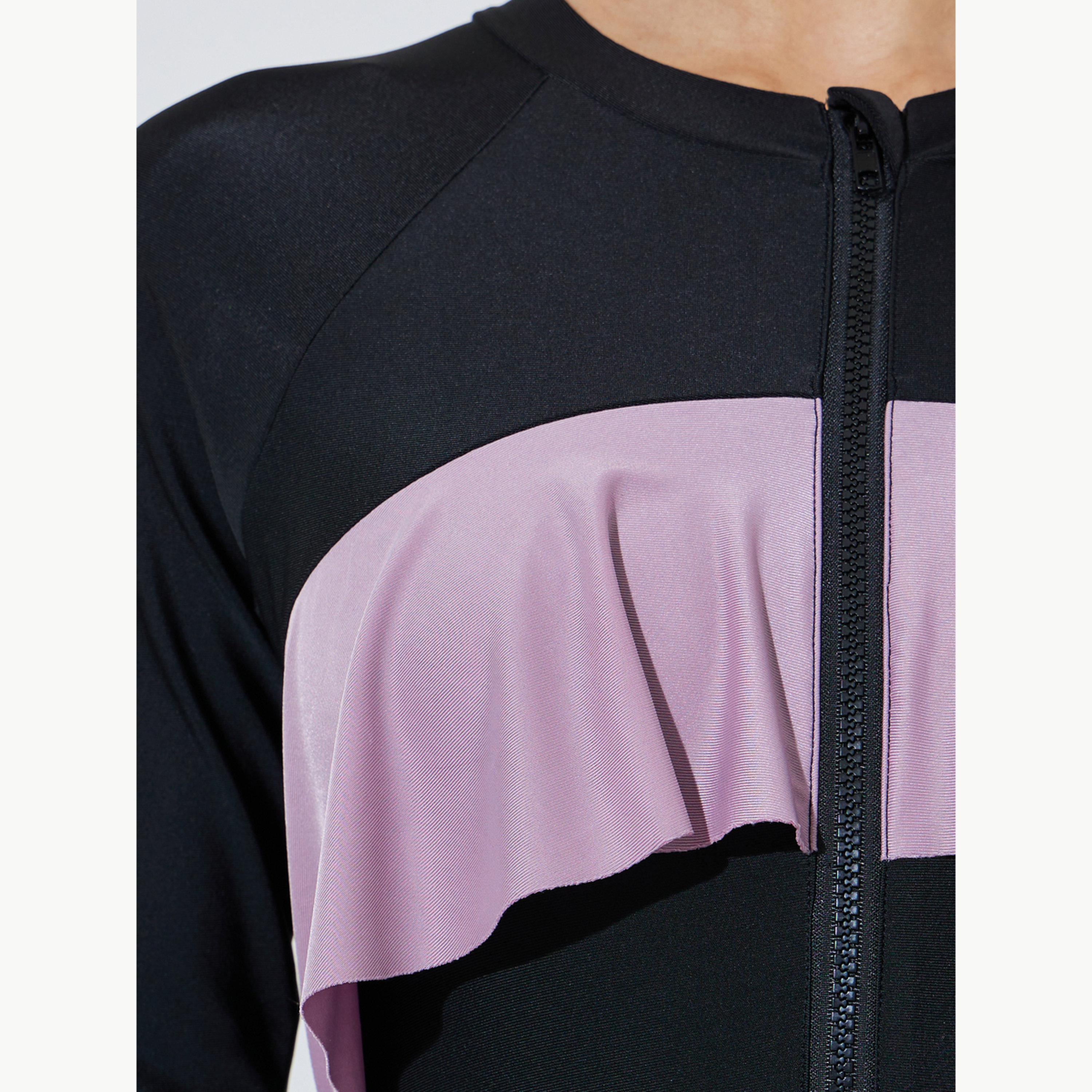 طقم من 3 قطع بدلة سباحة بأكمام ريجلان وكشكش مع تنورة ملفوفة وليقنز-women-clothing-swimandbeach-swim-burkinis-image-6
