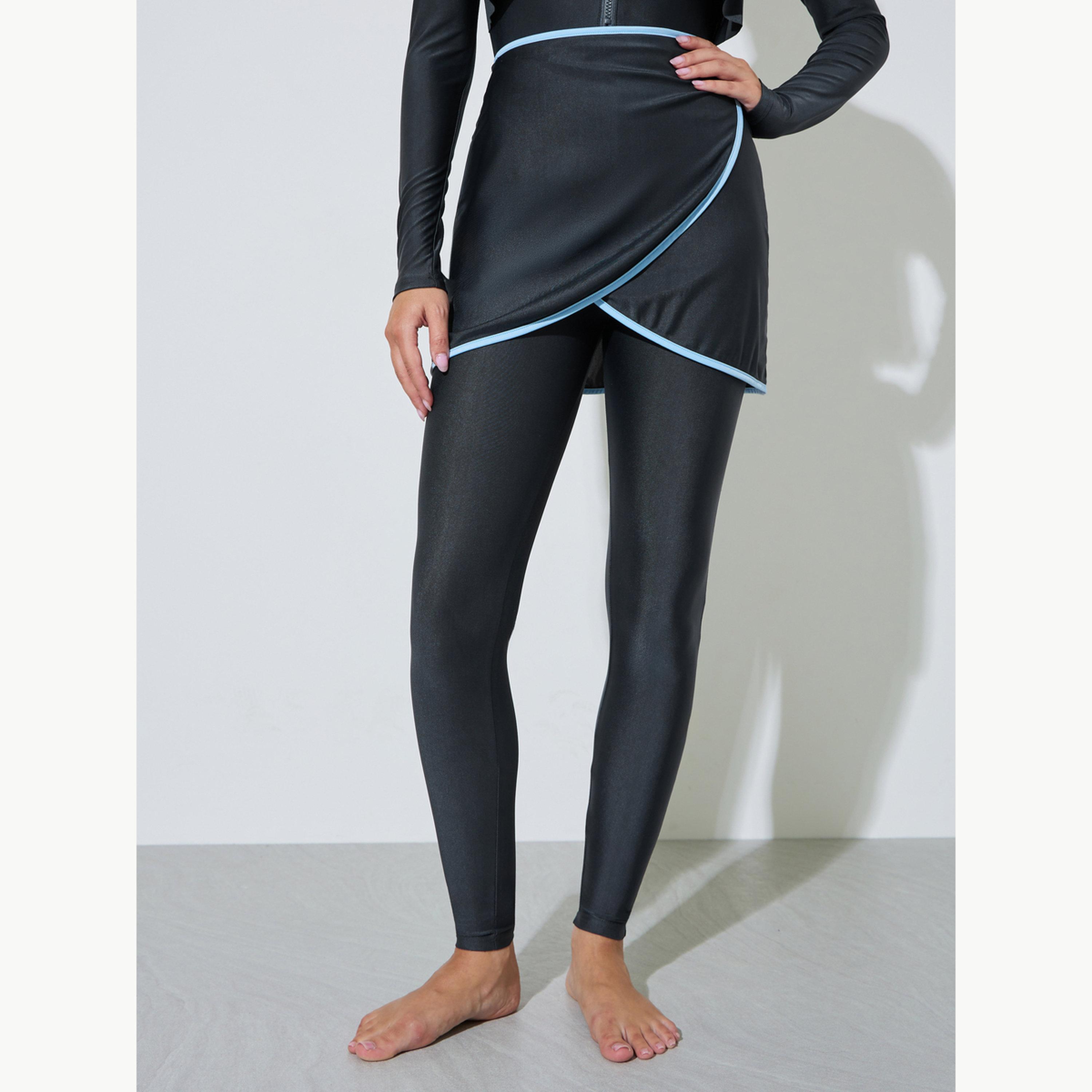 طقم من 3 قطع بدلة سباحة بأكمام ريجلان وكشكش مع تنورة ملفوفة وليقنز-women-clothing-swimandbeach-swim-burkinis-image-3