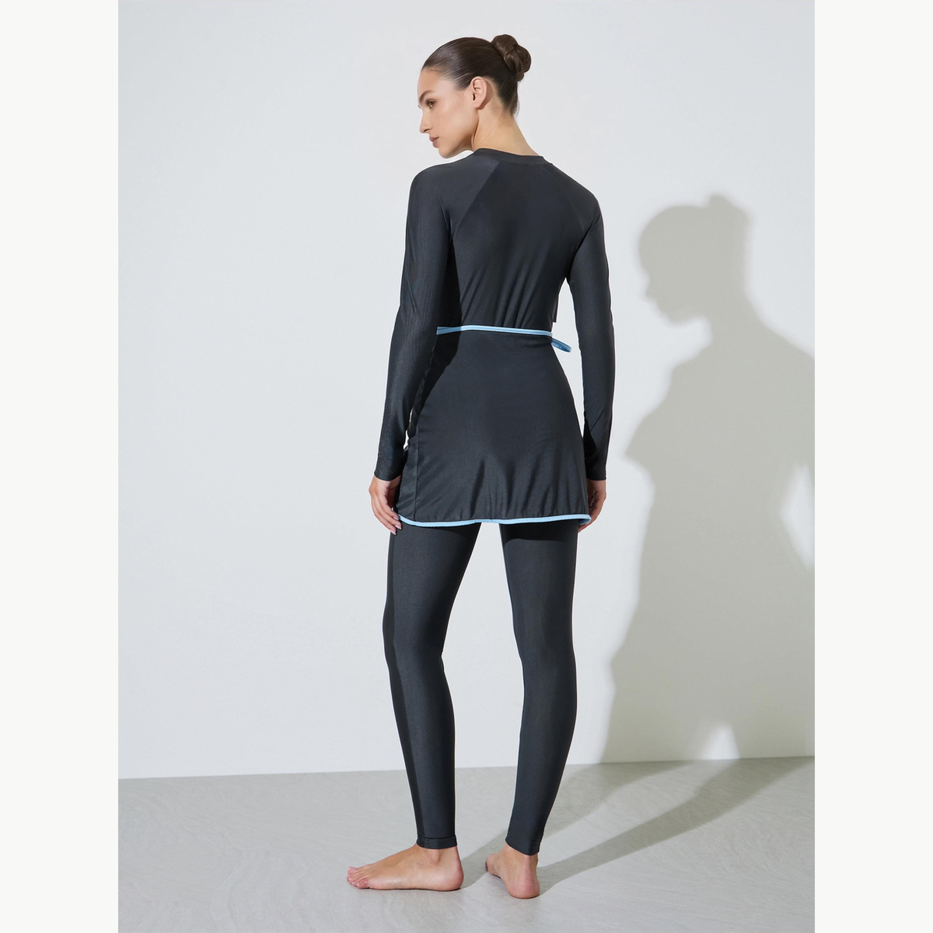 طقم من 3 قطع بدلة سباحة بأكمام ريجلان وكشكش مع تنورة ملفوفة وليقنز-women-clothing-swimandbeach-swim-burkinis-image-4