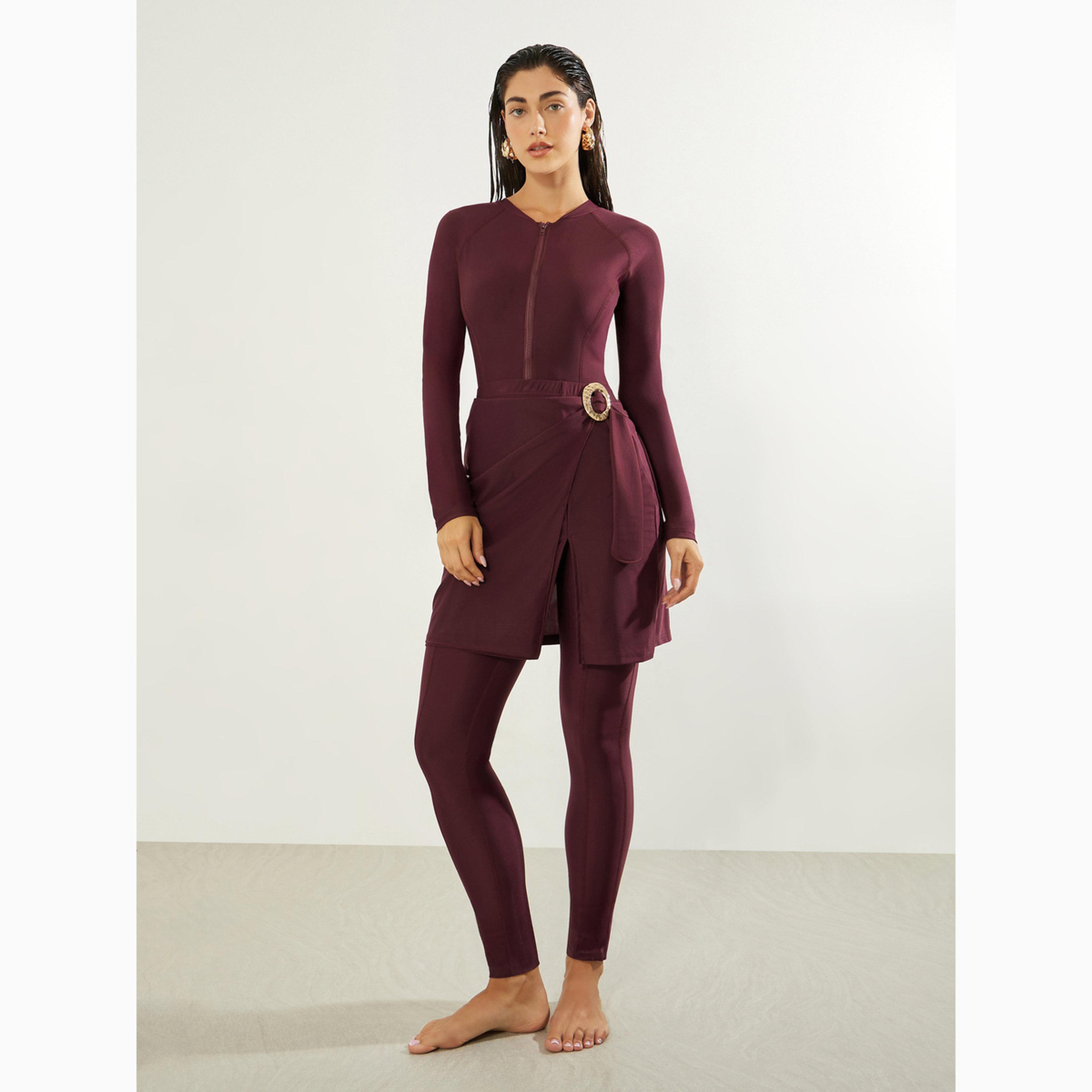 Styli Pack of 3 -  Raglan Full Sleeve Wet Suit with Half Zip, Wrap Skirt and Cap Burkini Set-women-clothing-swimandbeach-swim-burkinis-image-1