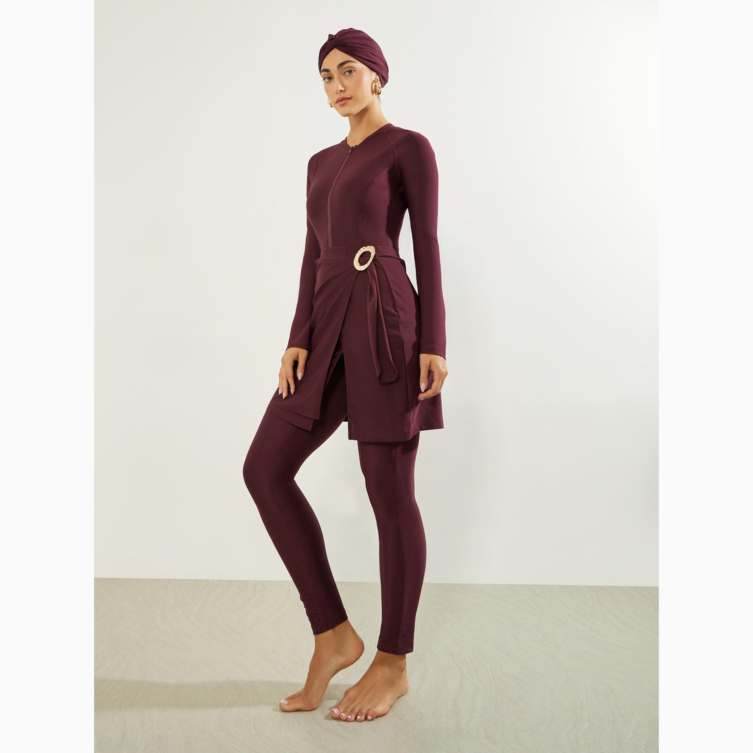 Styli Pack of 3 -  Raglan Full Sleeve Wet Suit with Half Zip, Wrap Skirt and Cap Burkini Set-women-clothing-swimandbeach-swim-burkinis-image-2