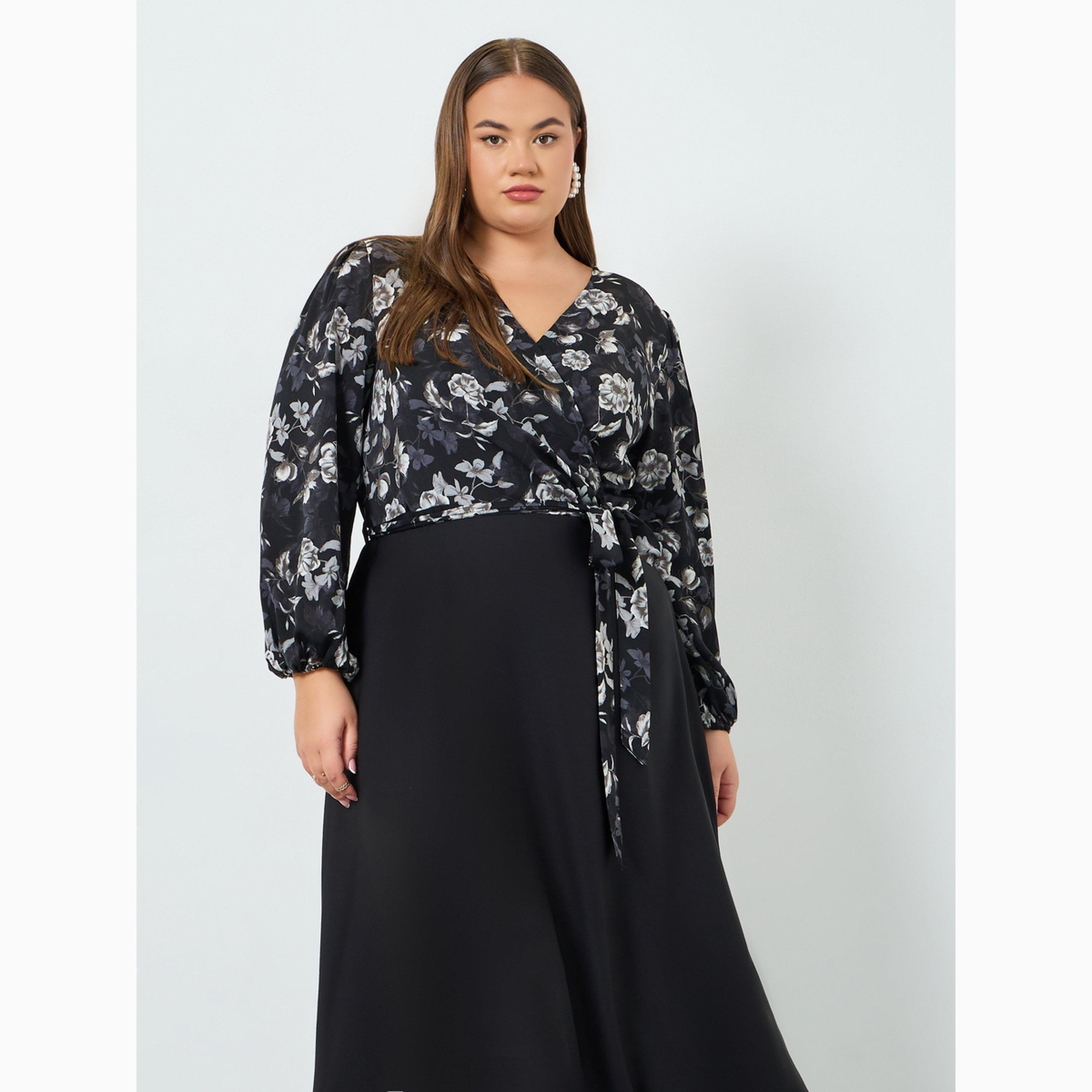 Styli Plus Floral Printed Wrap Look A-Line Maxi Dress-women-clothing-dresses-image-2