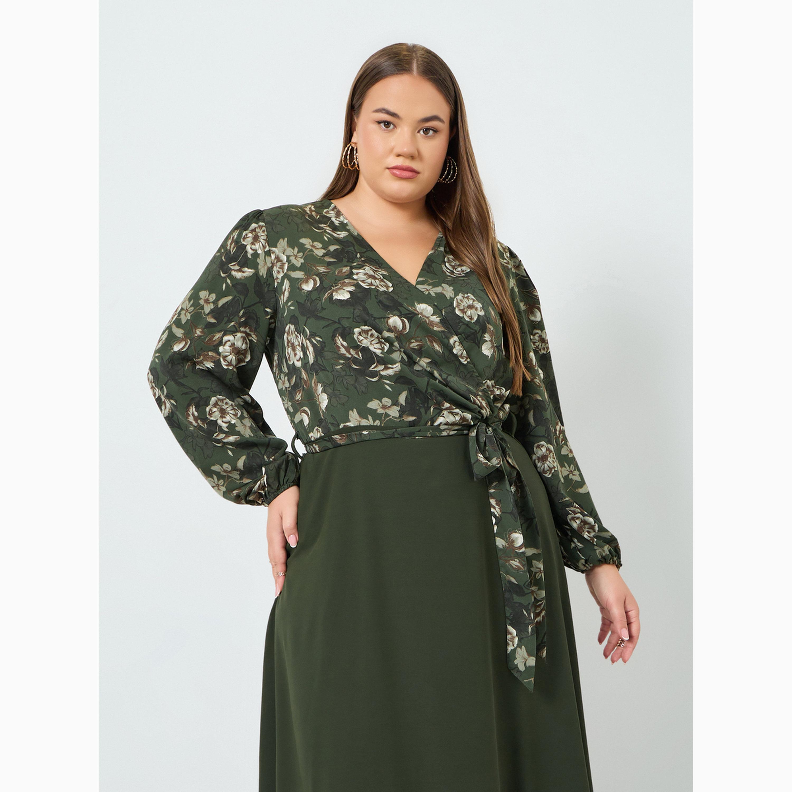 Styli Plus Floral Printed Wrap Look A-Line Maxi Dress-women-clothing-dresses-image-2