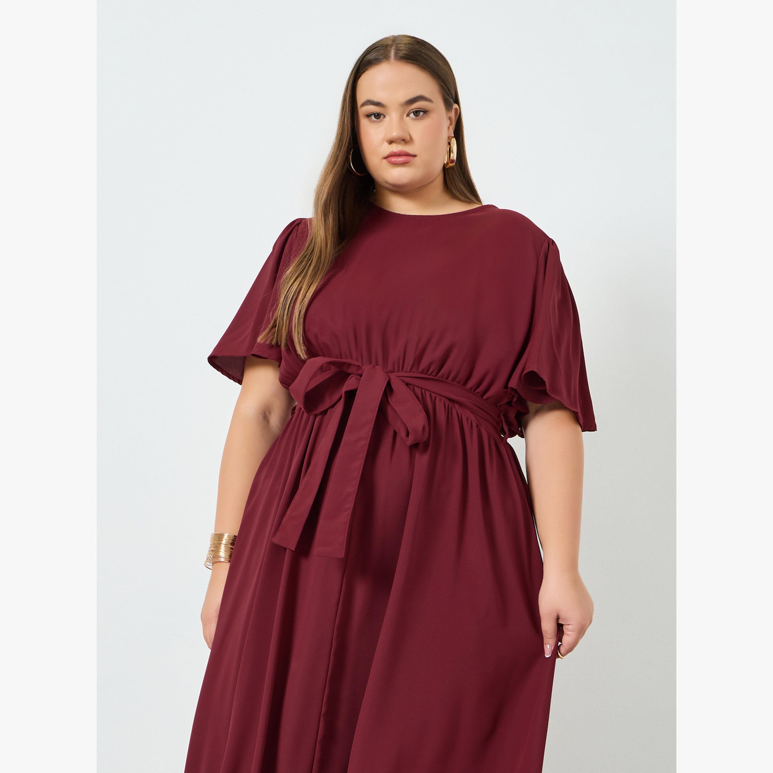 Styli Plus Size Burgundy Waist-Tie Maxi Dress-women-clothing-dresses-image-2