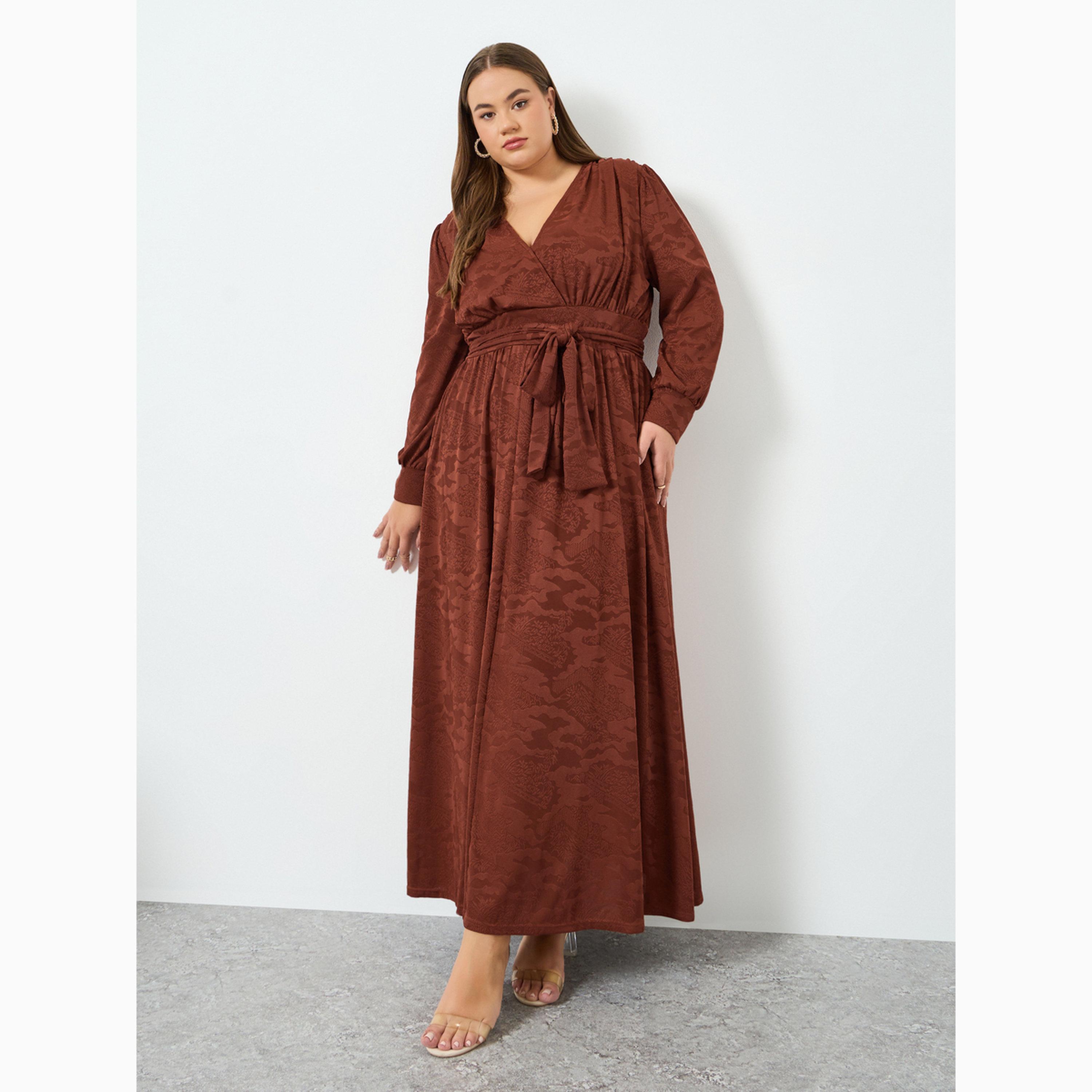 Styli Plus Belted Jacquard Knit A-Line Maxi Dress-women-clothing-dresses-image-1