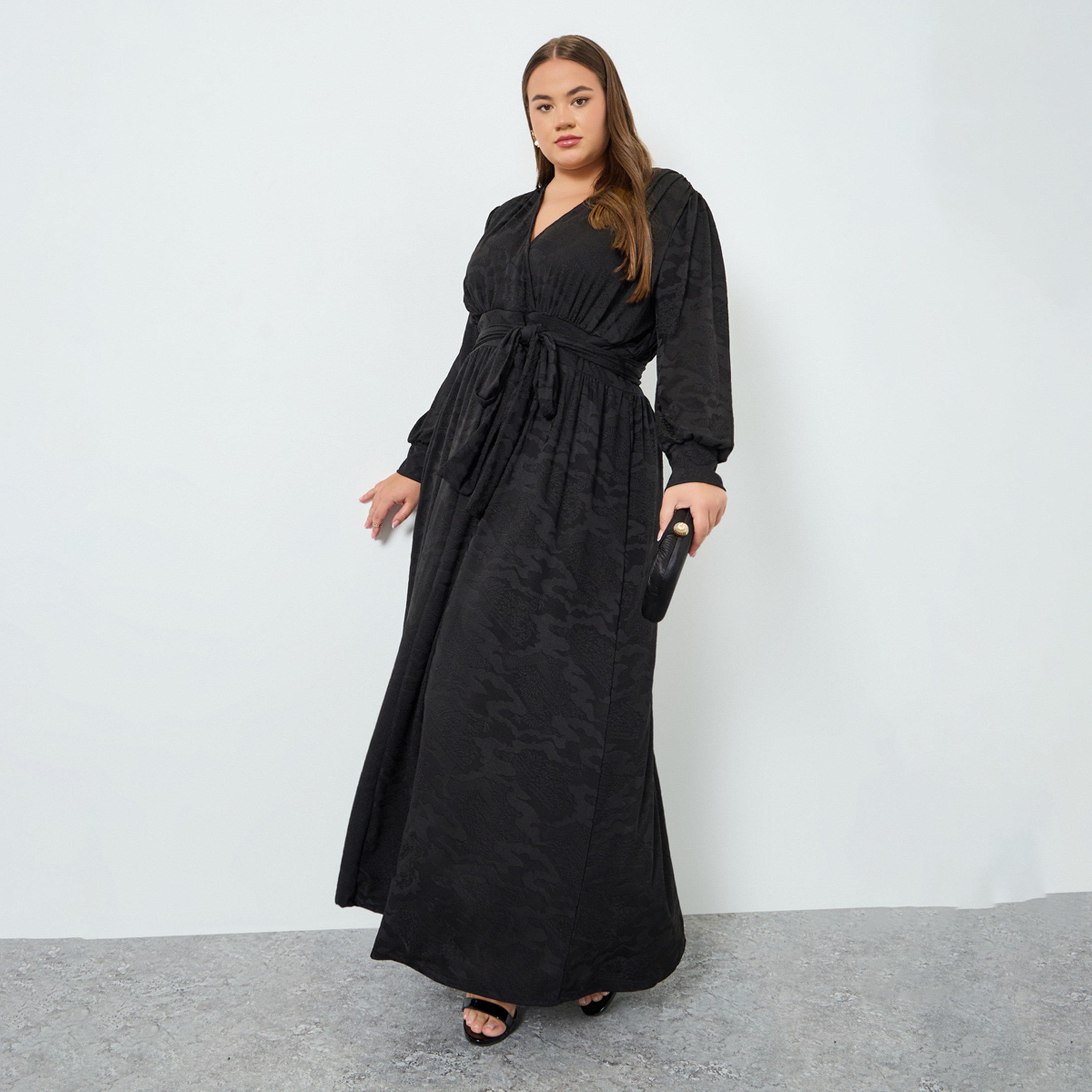 فستان طويل بحافة واسعة من نسيج جاكارد مع حزام بمقاس كبير-women-clothing-dresses-image-1