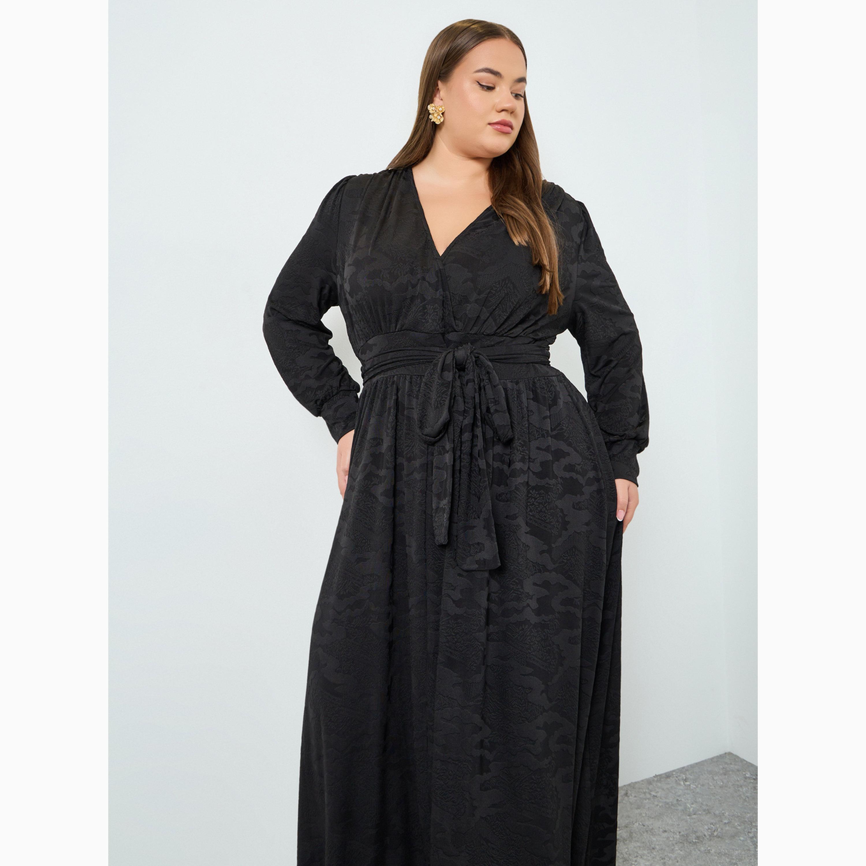 Styli Plus Belted Jacquard Knit A-Line Maxi Dress-women-clothing-dresses-image-2