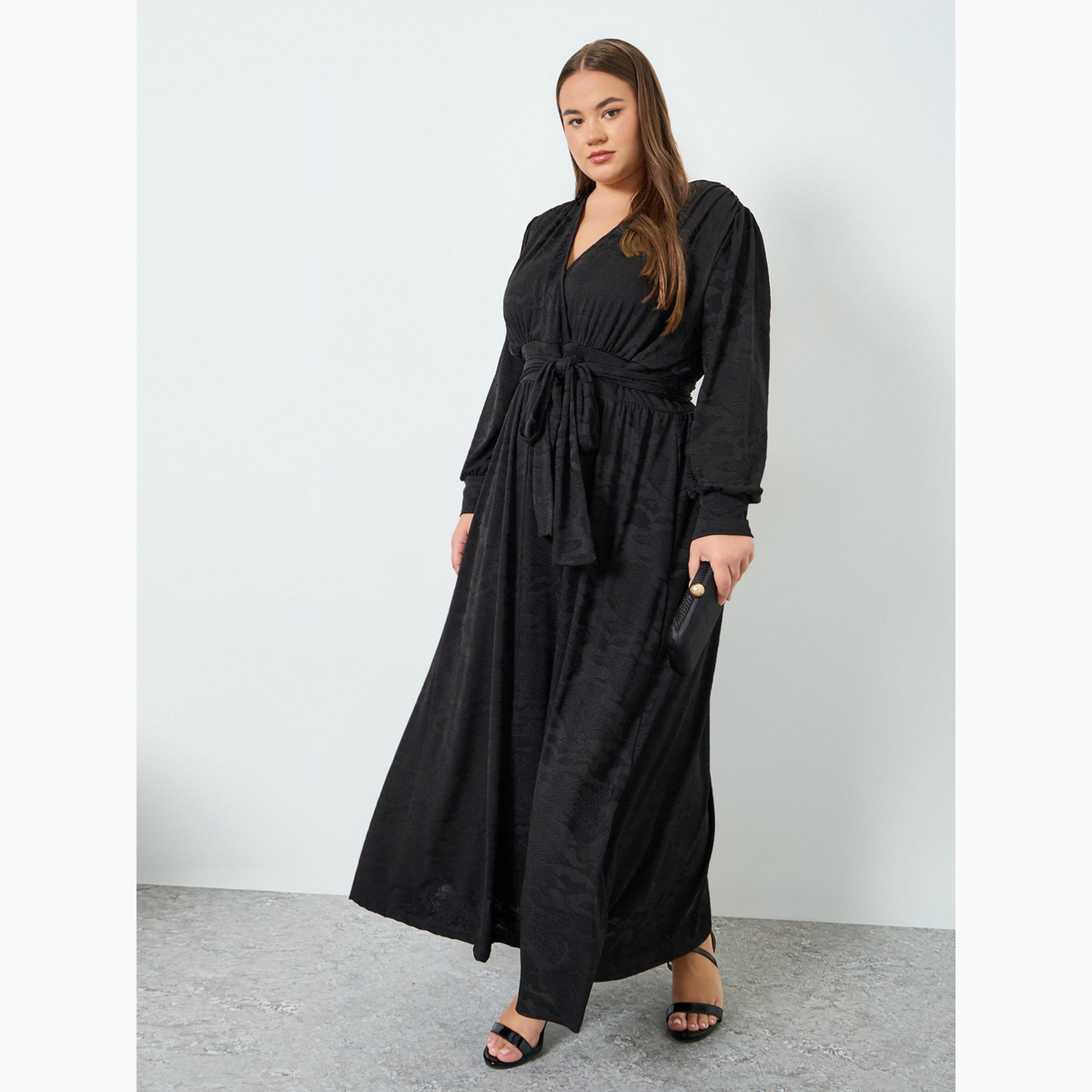 فستان طويل بحافة واسعة من نسيج جاكارد مع حزام بمقاس كبير-women-clothing-dresses-image-3