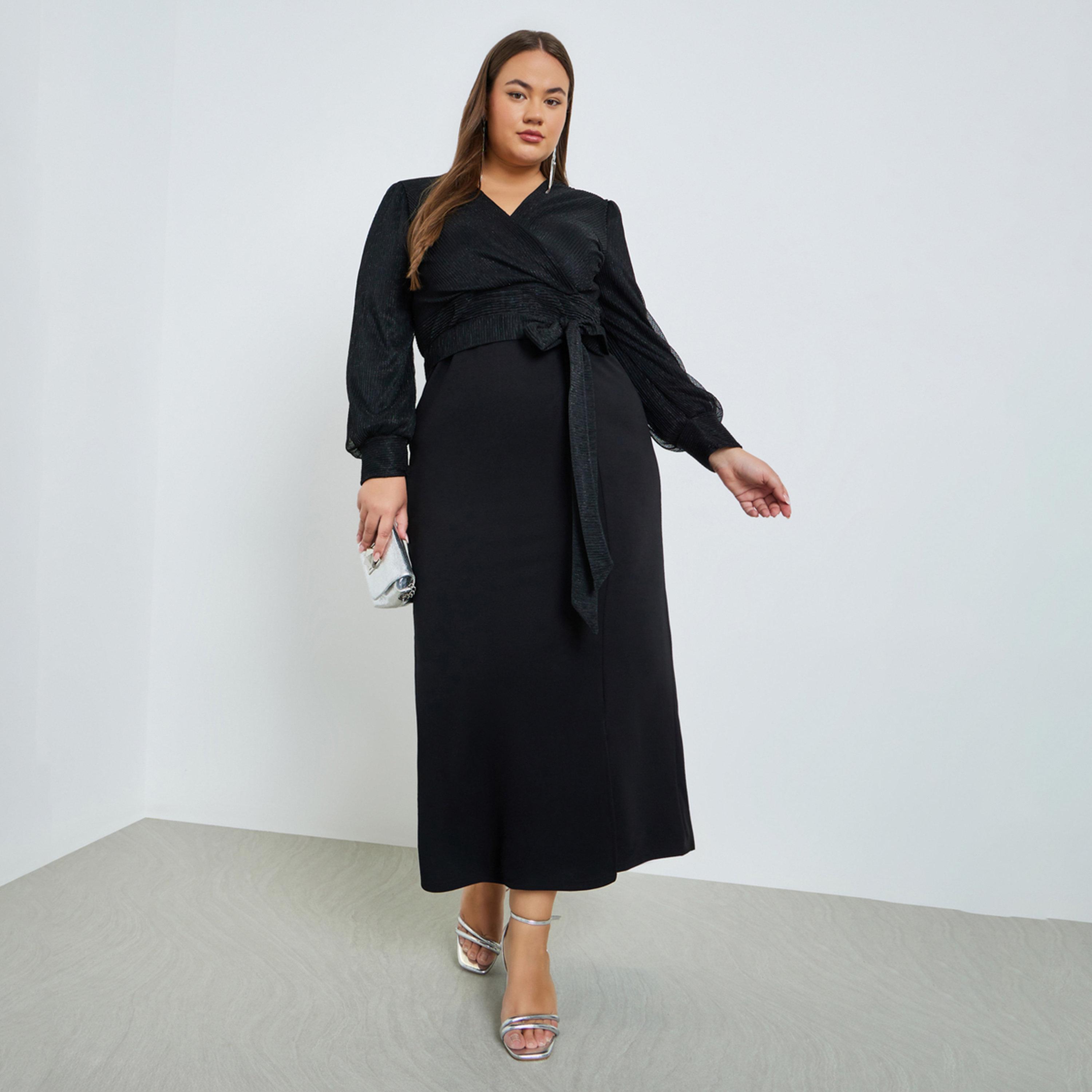 Styli Plus Size Wrap Front Shimmer Look Maxi Dress-women-clothing-dresses-image-1