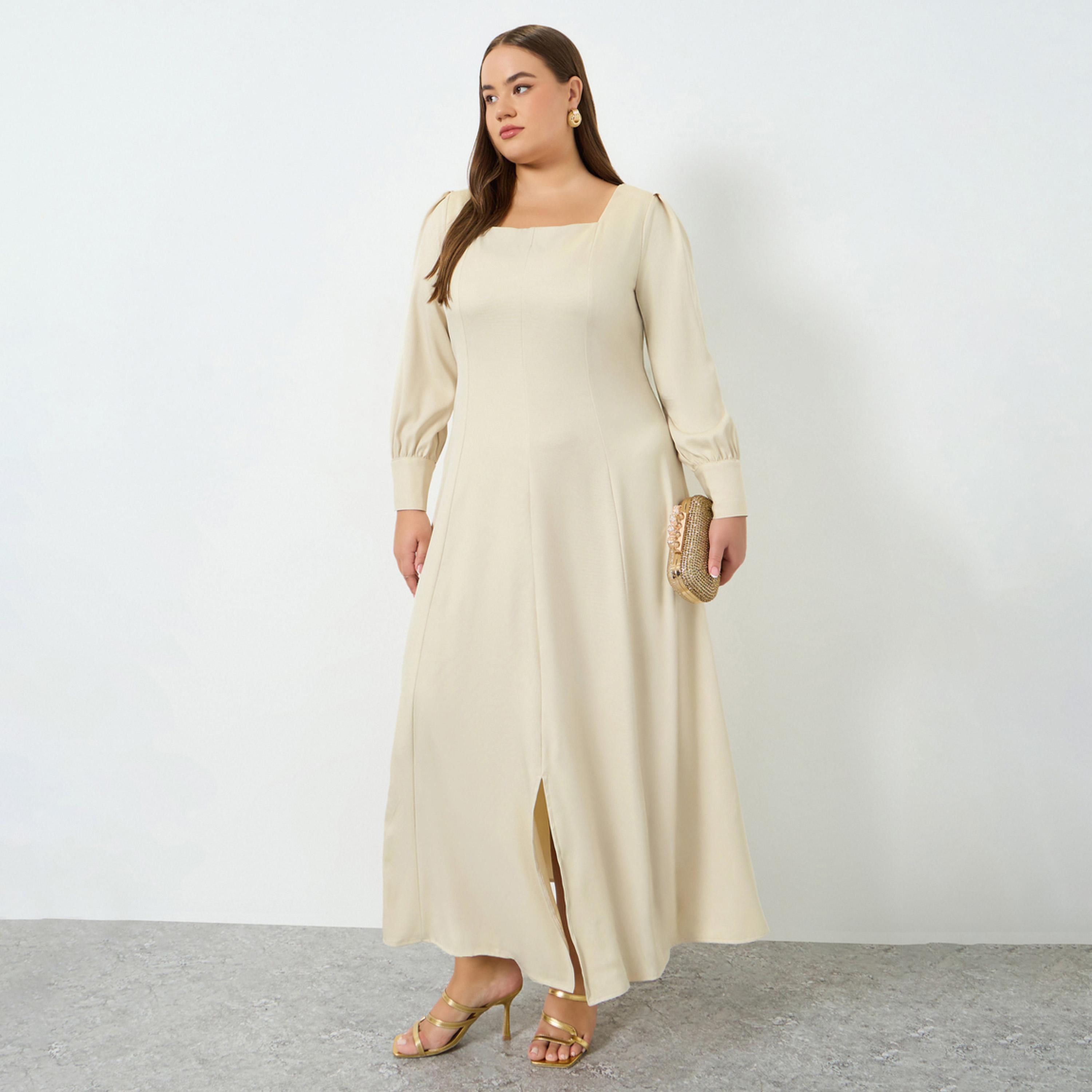 Styli Plus Size Square Neck Twill Maxi Dress-women-clothing-dresses-image-1
