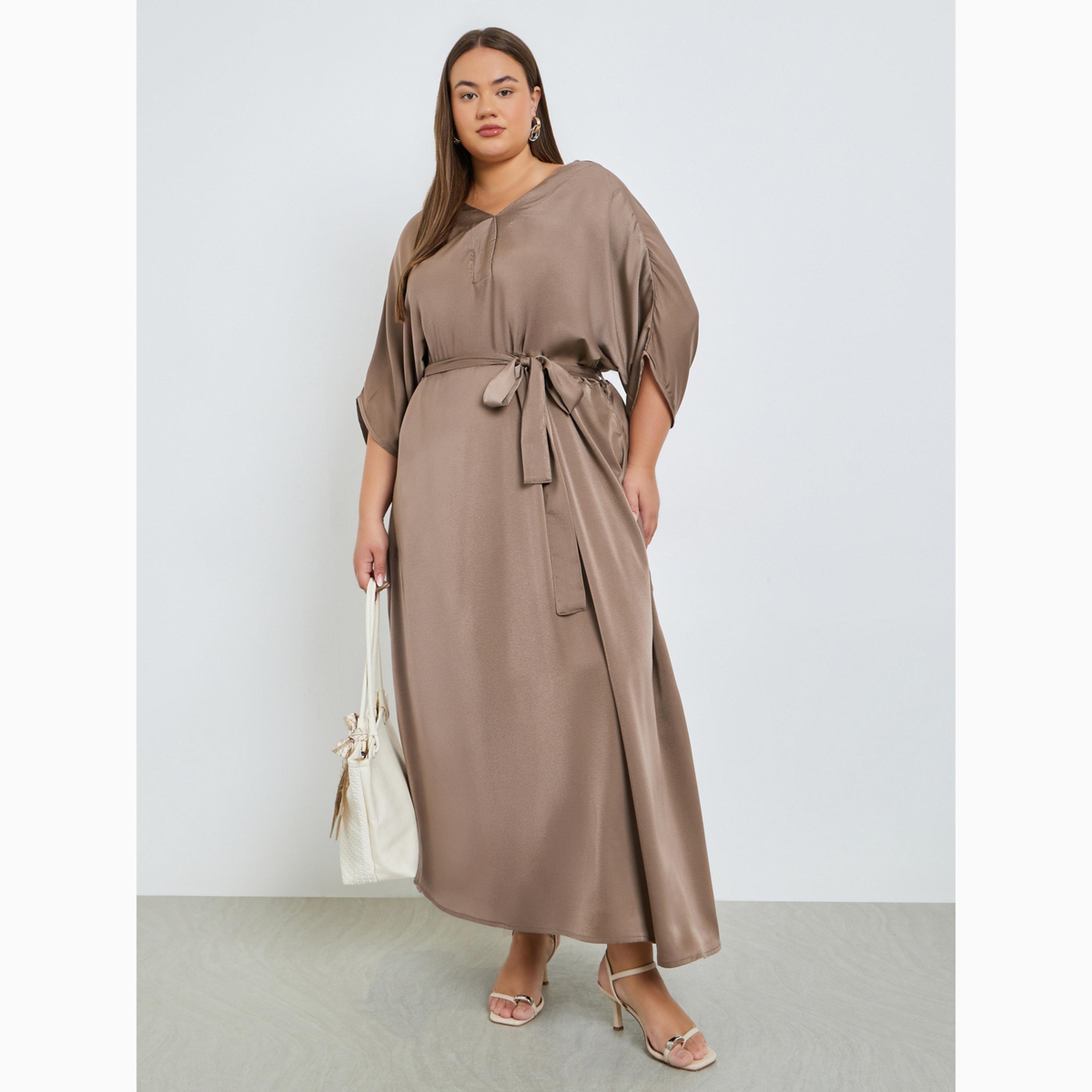 Styli Plus Size Matte Satin Maxi Dress with Tie-Belt-women-clothing-dresses-image-1