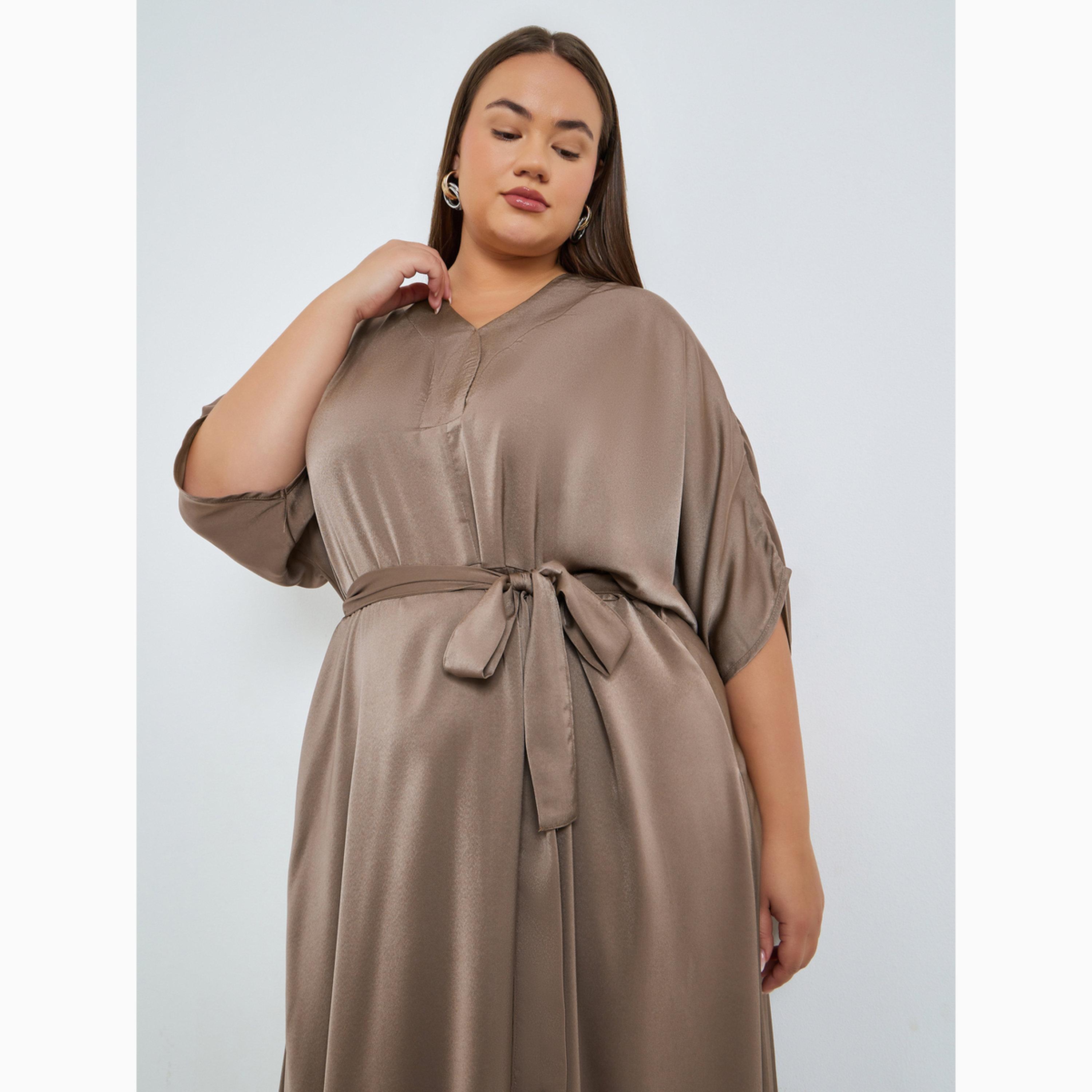 Styli Plus Size Matte Satin Maxi Dress with Tie-Belt-women-clothing-dresses-image-2