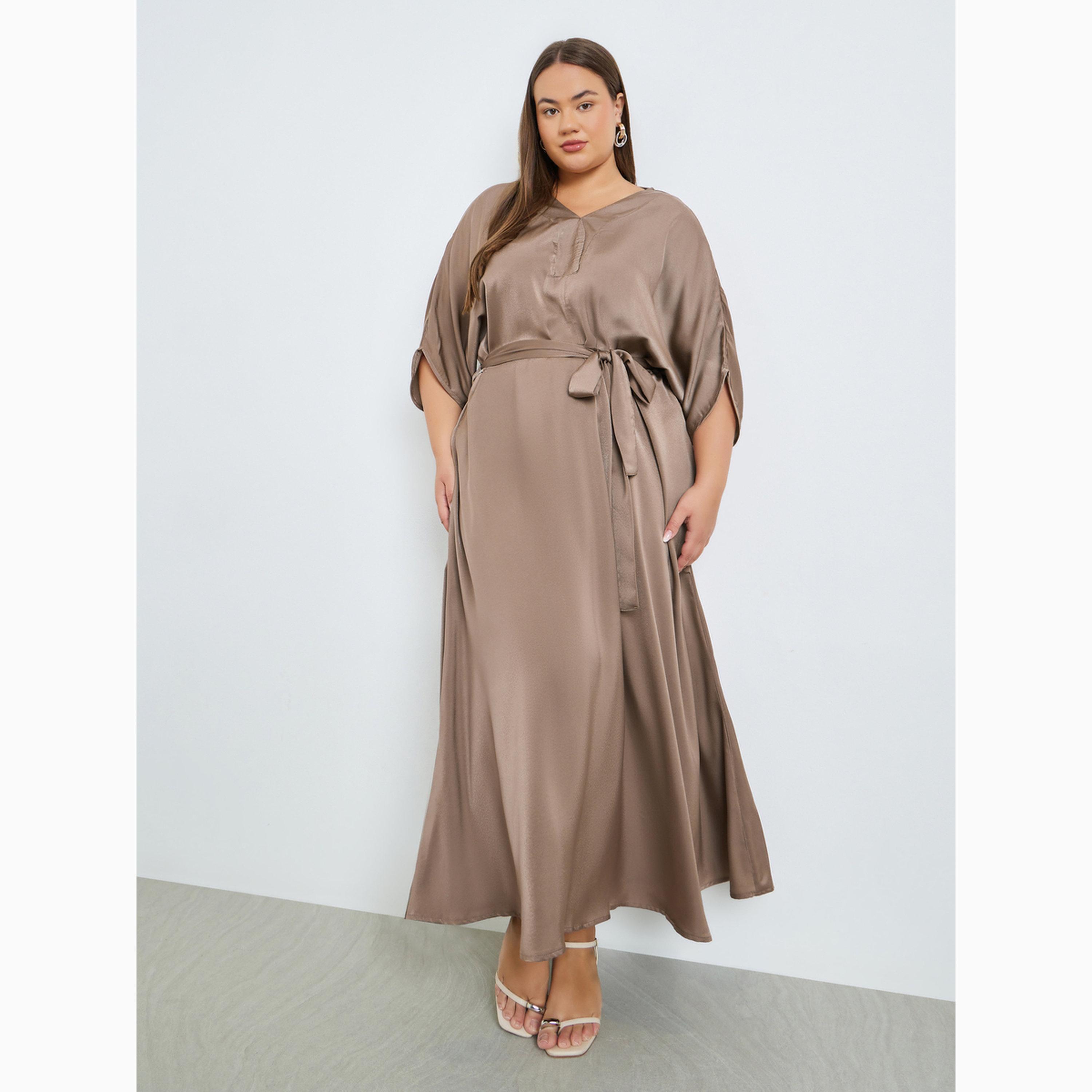 Styli Plus Size Matte Satin Maxi Dress with Tie-Belt-women-clothing-dresses-image-3