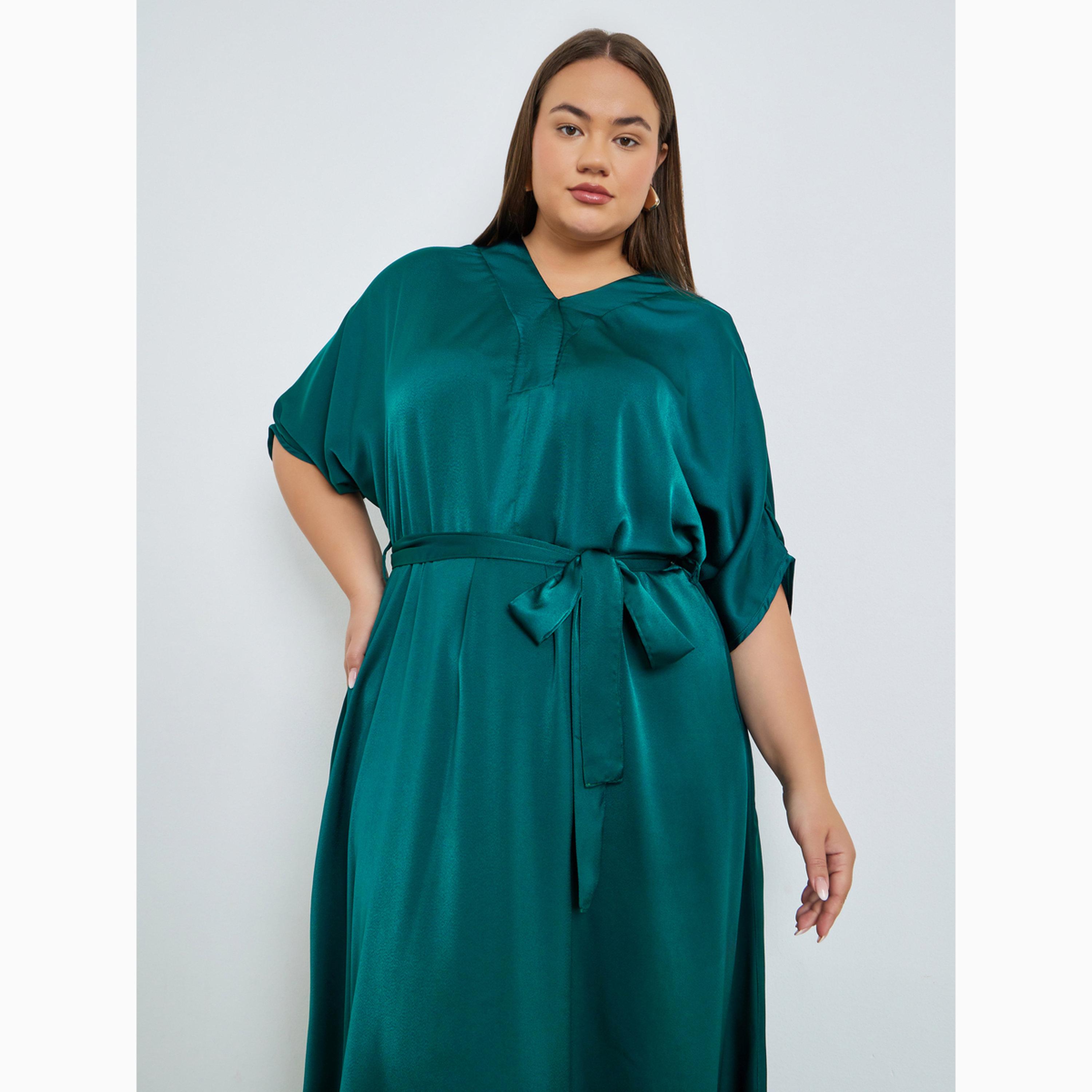 Styli Plus Size Matte Satin Maxi Dress with Tie-Belt-women-clothing-dresses-image-2