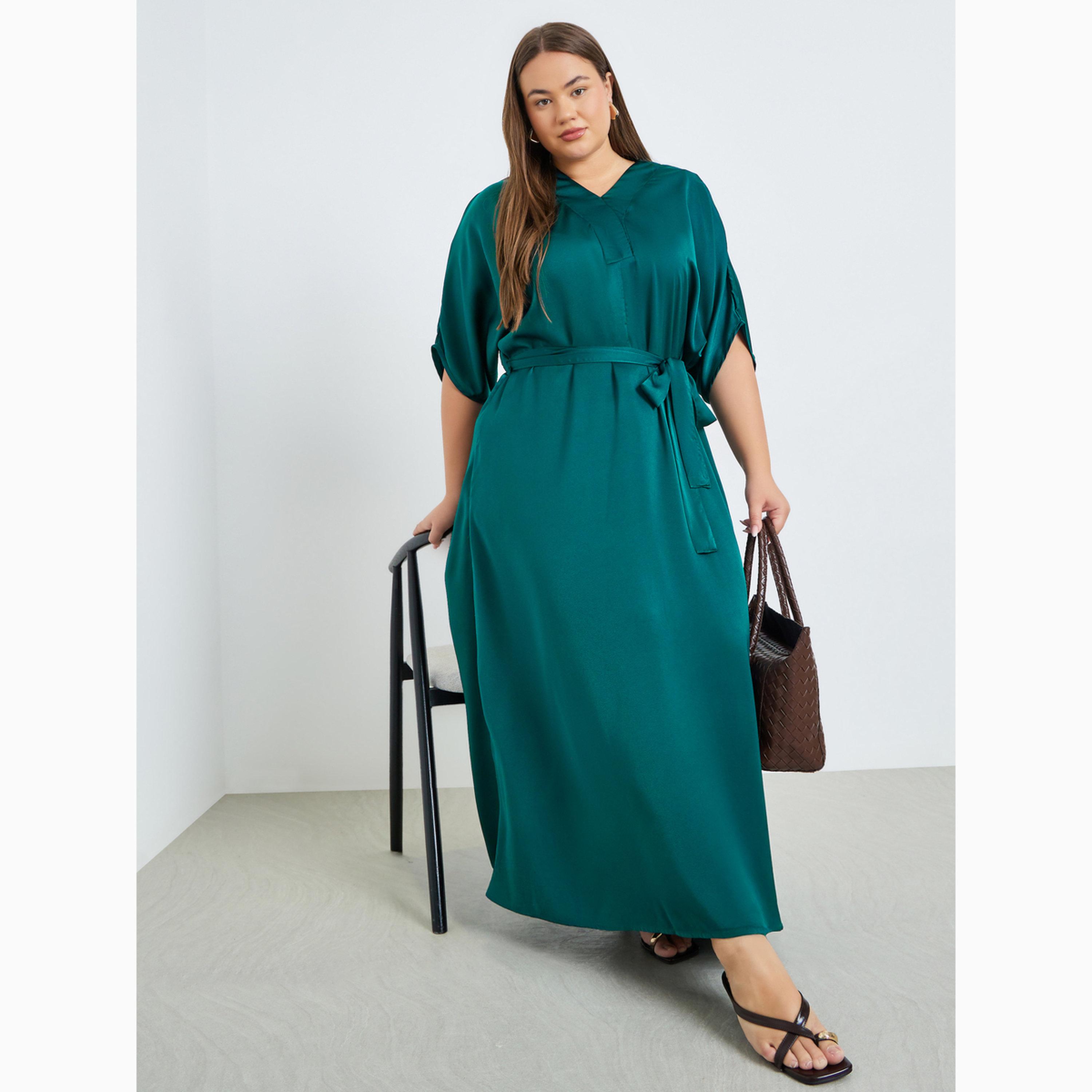 فستان طويل ساتان مطفي بحزام رباط بمقاس كبير-women-clothing-dresses-image-3