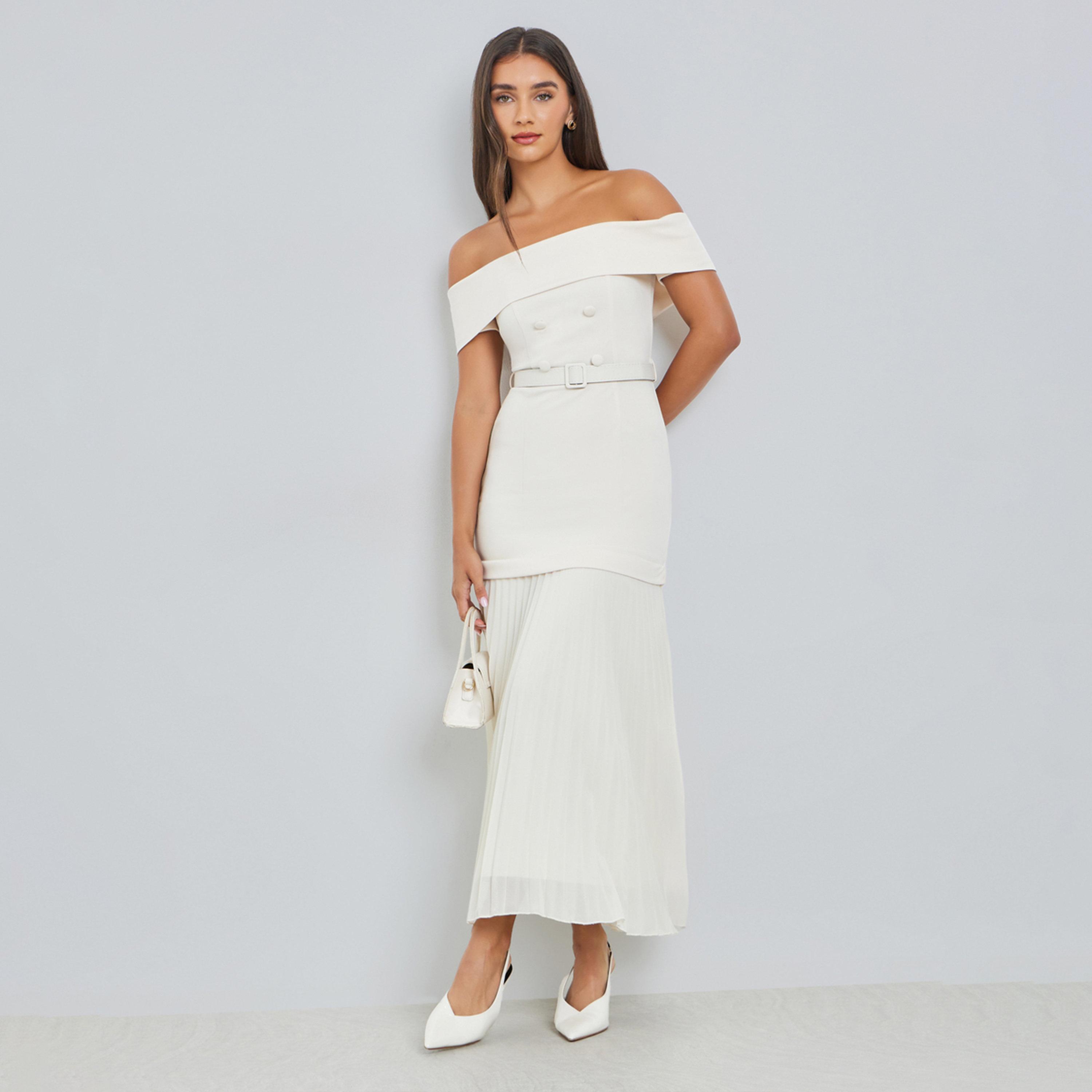 Styli Cream Off-Shoulder Pleated Maxi Dress-women-clothing-dresses-image-1