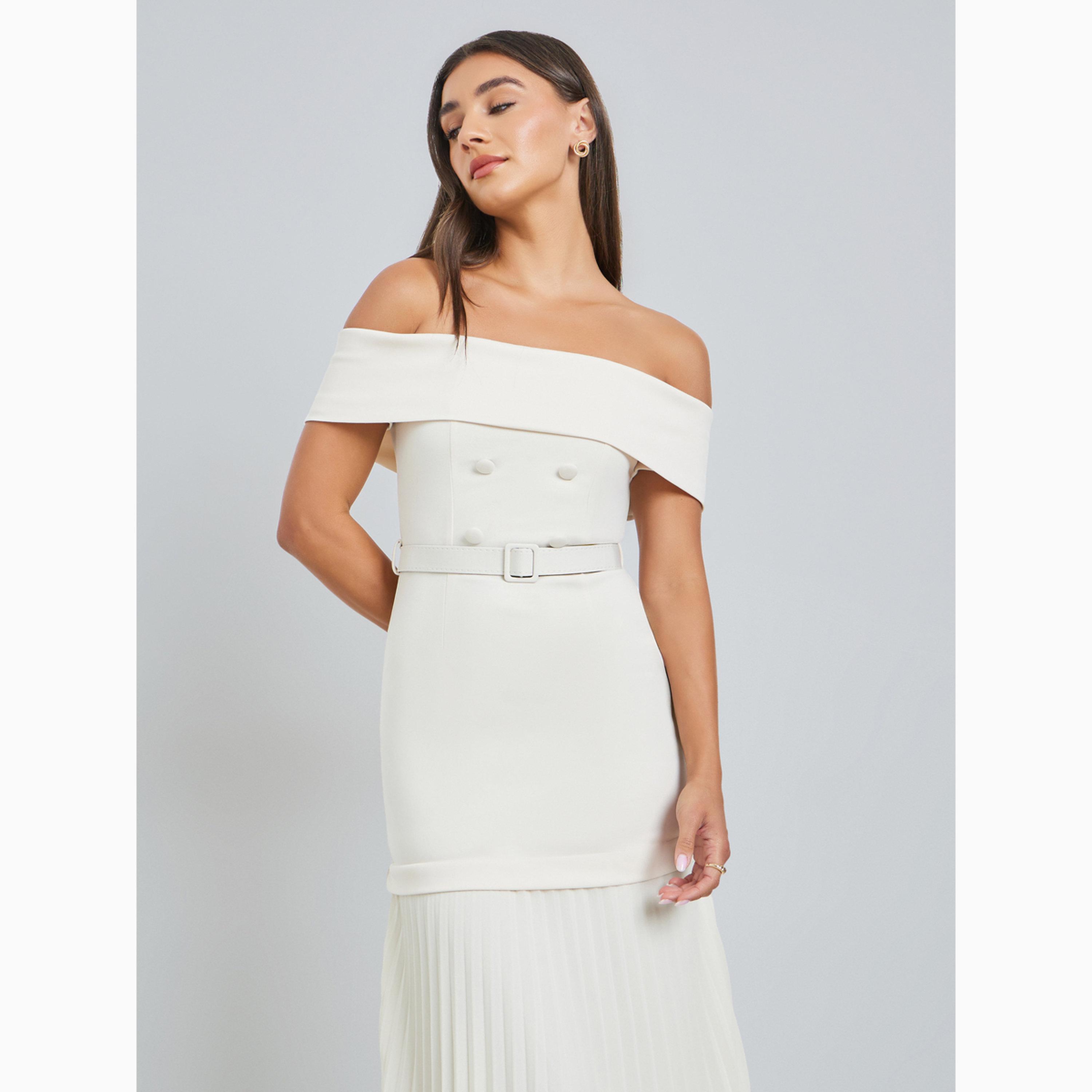 Styli Cream Off-Shoulder Pleated Maxi Dress-women-clothing-dresses-image-2