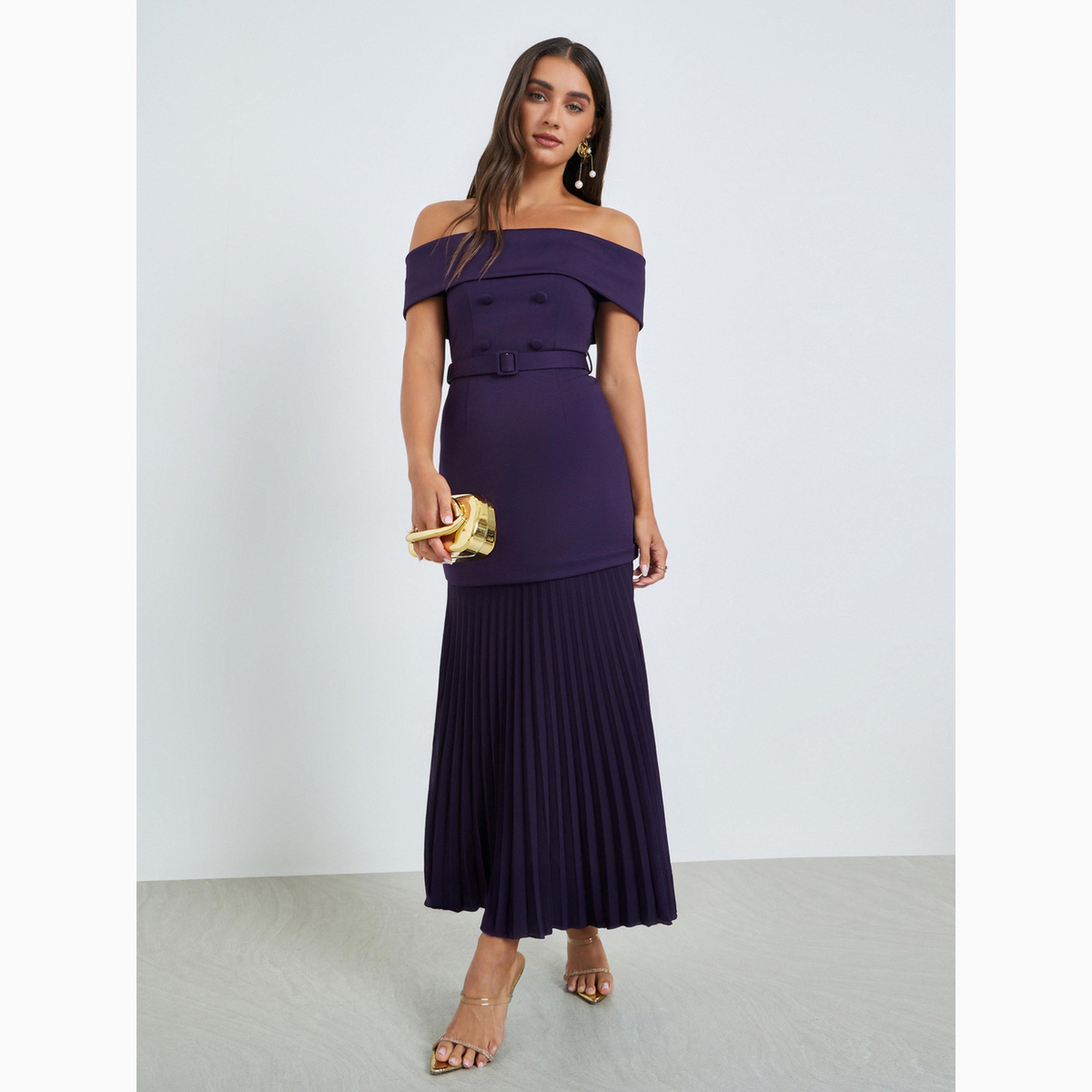 Styli Purple Off-Shoulder Pleated Maxi Dress-women-clothing-dresses-image-1