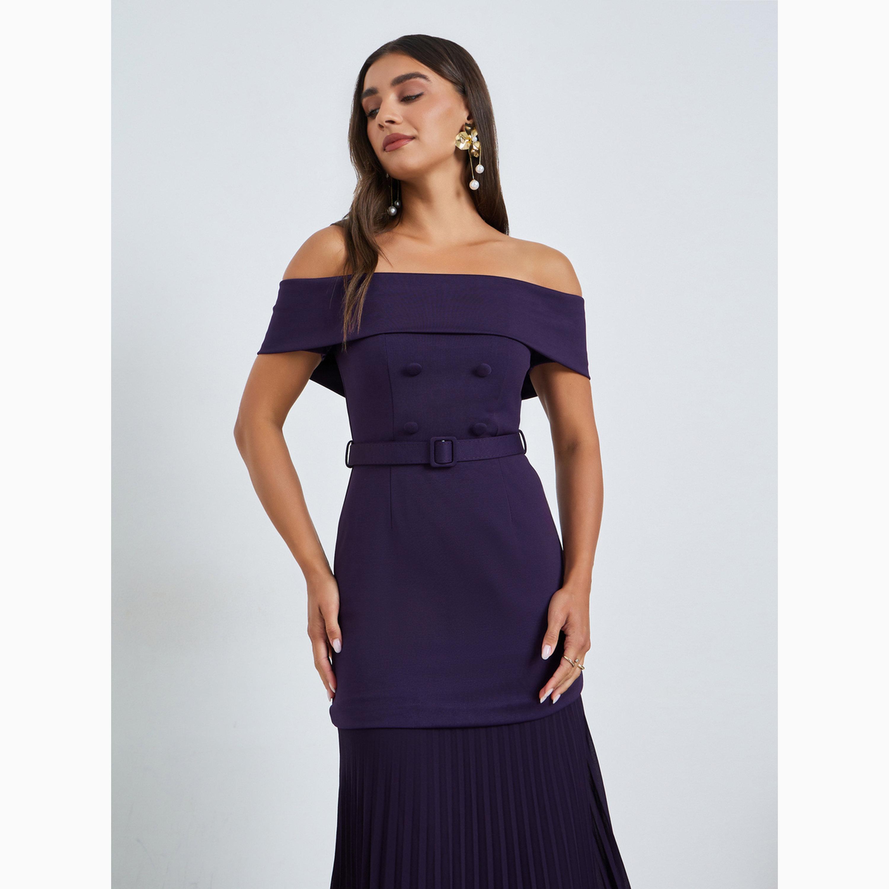 Styli Purple Off-Shoulder Pleated Maxi Dress-women-clothing-dresses-image-2