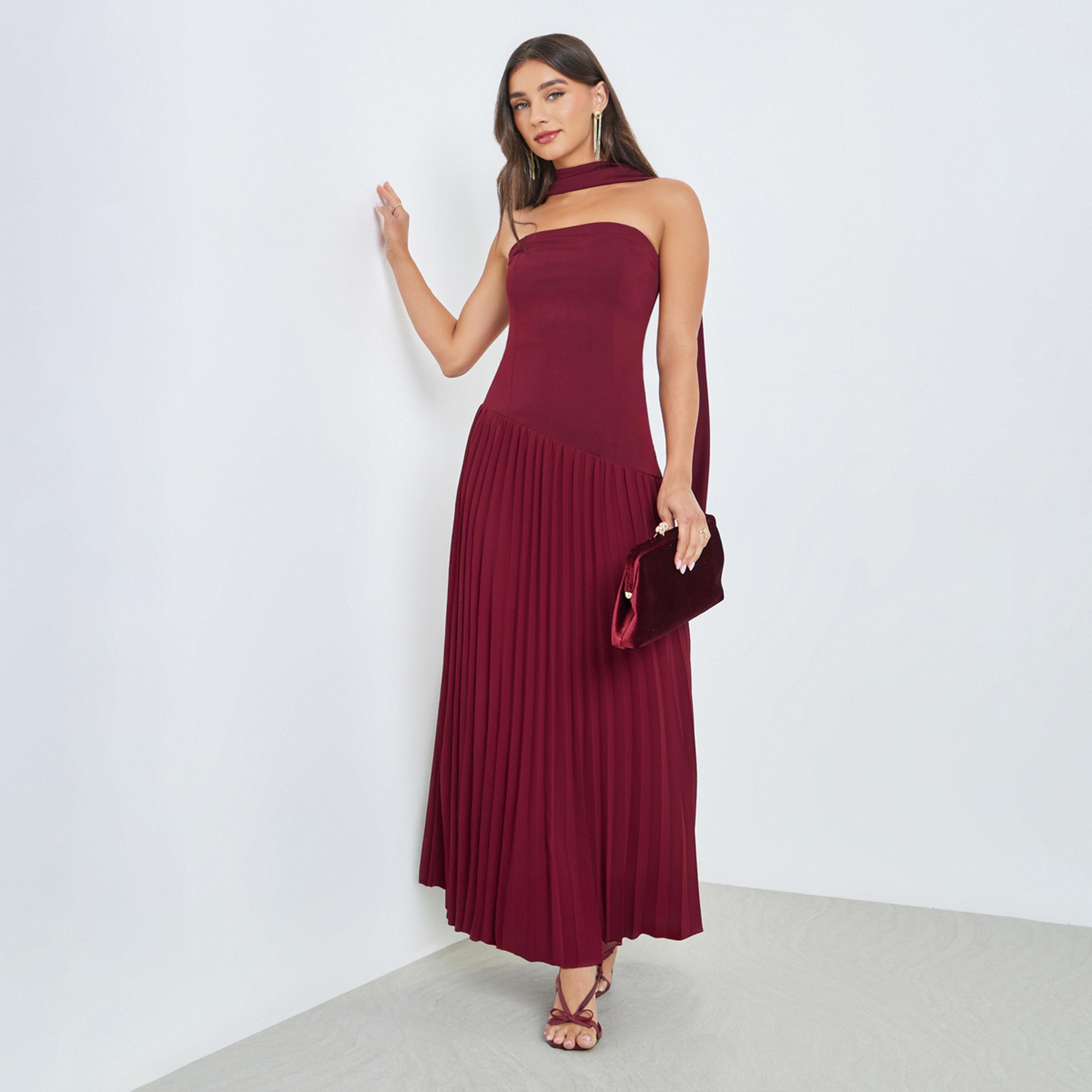 Styli Maroon Pleated Bandeau Maxi Evening Dress-women-clothing-dresses-image-1