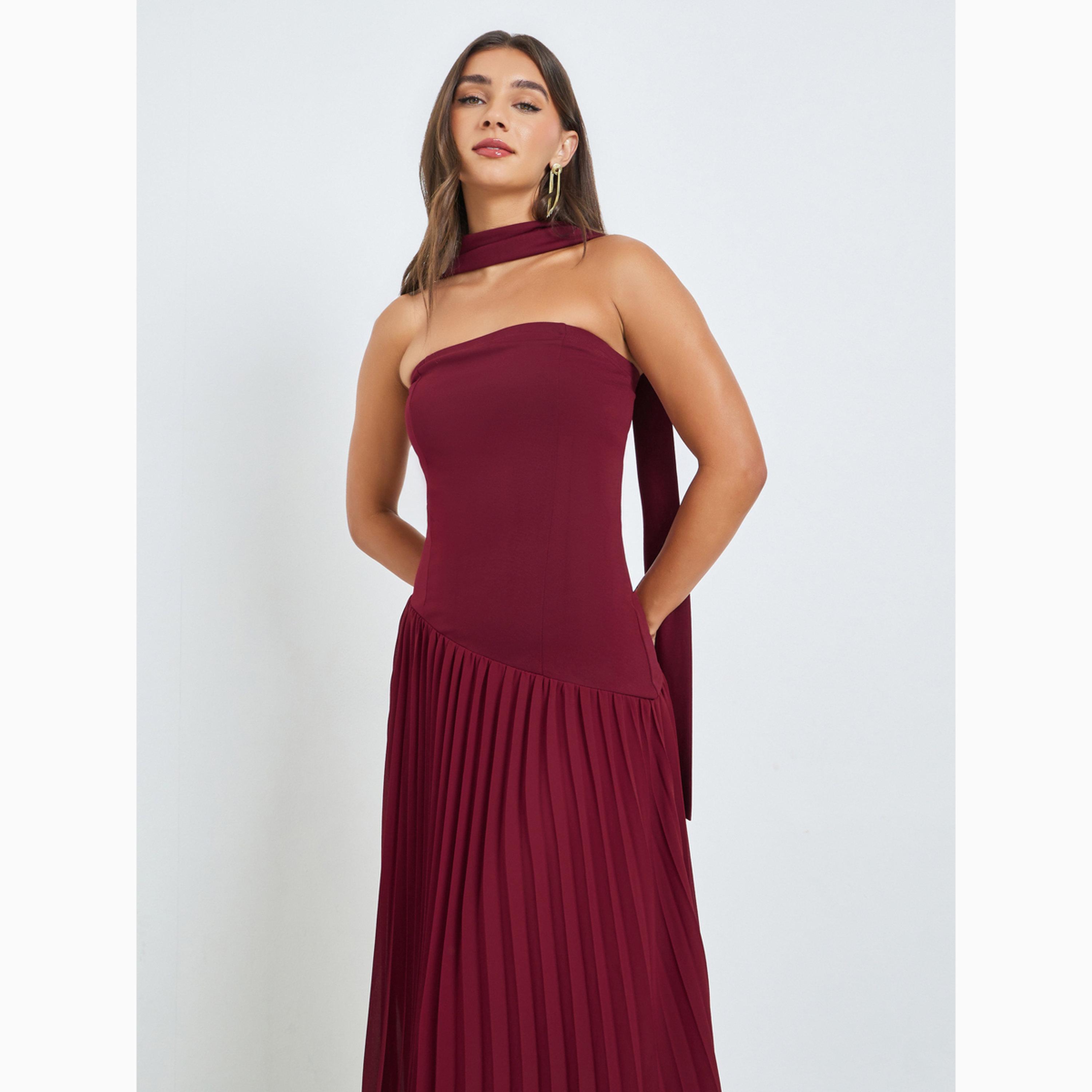 Styli Maroon Pleated Bandeau Maxi Evening Dress-women-clothing-dresses-image-2