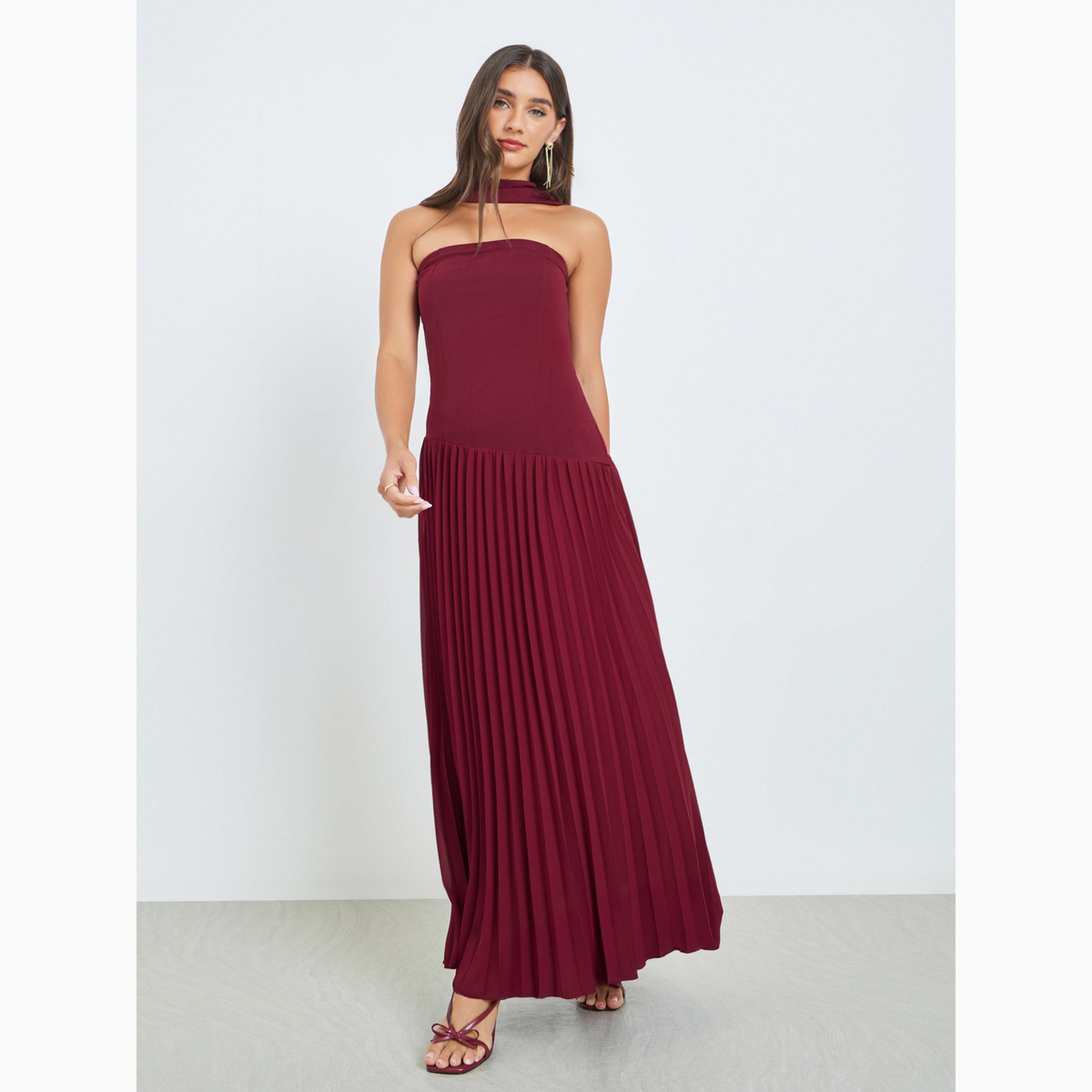 Styli Maroon Pleated Bandeau Maxi Evening Dress-women-clothing-dresses-image-3