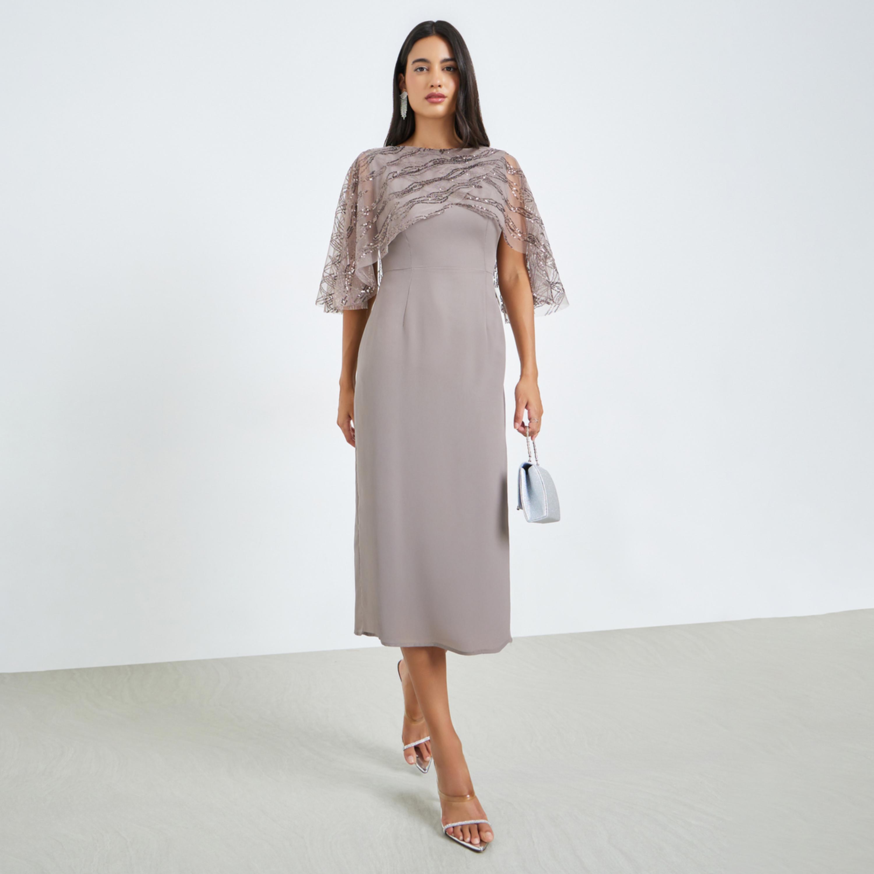 Styli Grey Embellished Cape Sheath Midi Dress-women-clothing-dresses-image-1