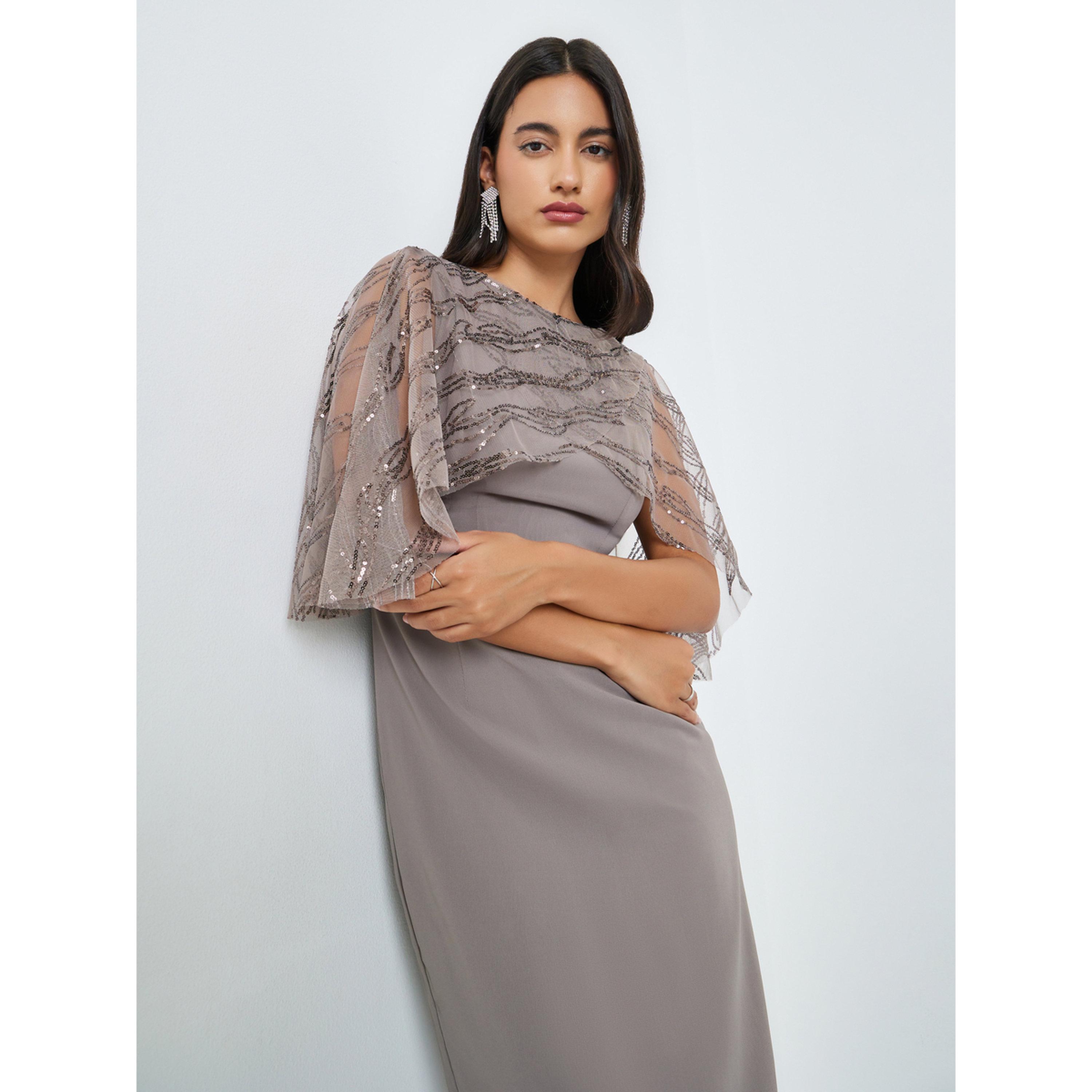 Styli Grey Embellished Cape Sheath Midi Dress-women-clothing-dresses-image-2