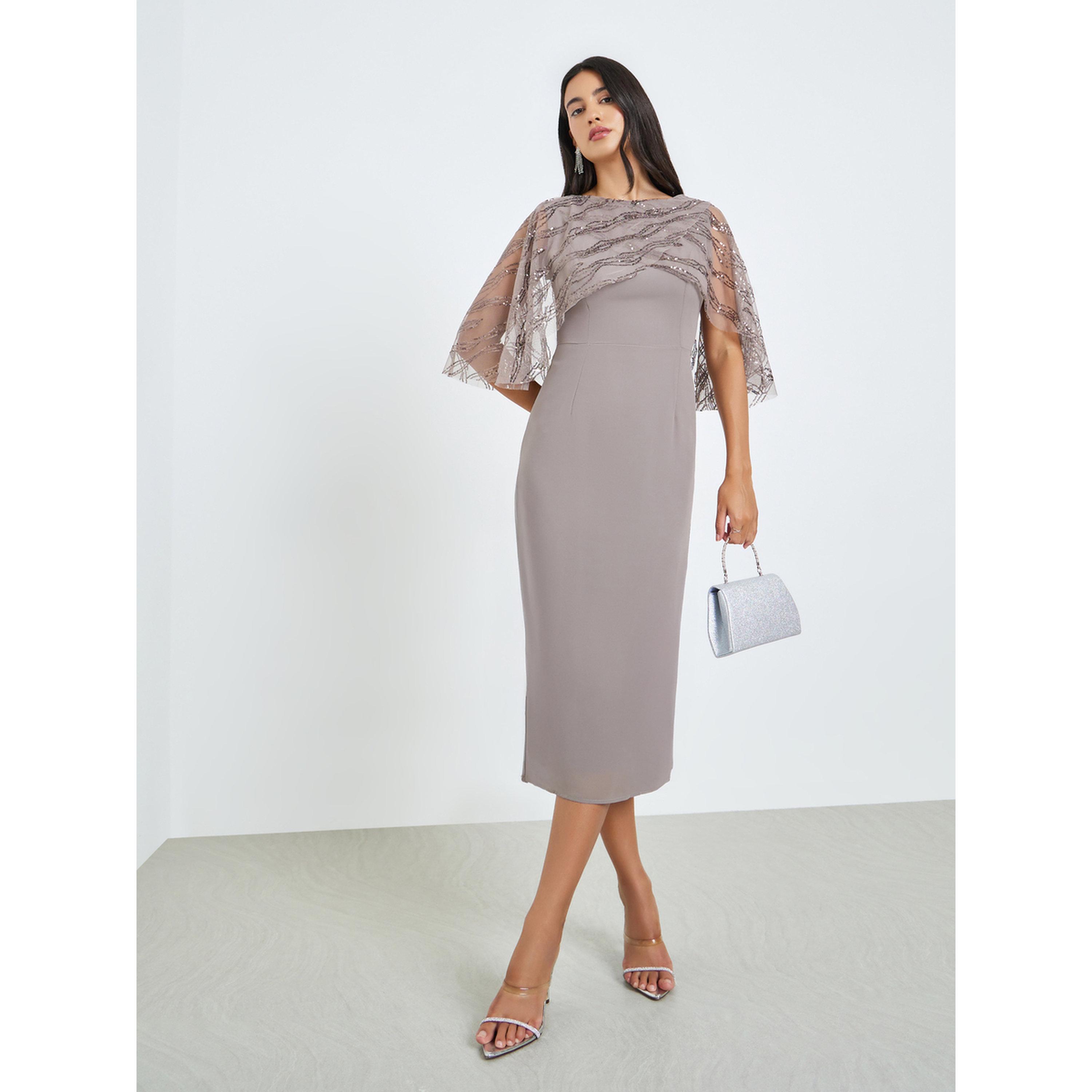 Styli Grey Embellished Cape Sheath Midi Dress-women-clothing-dresses-image-3