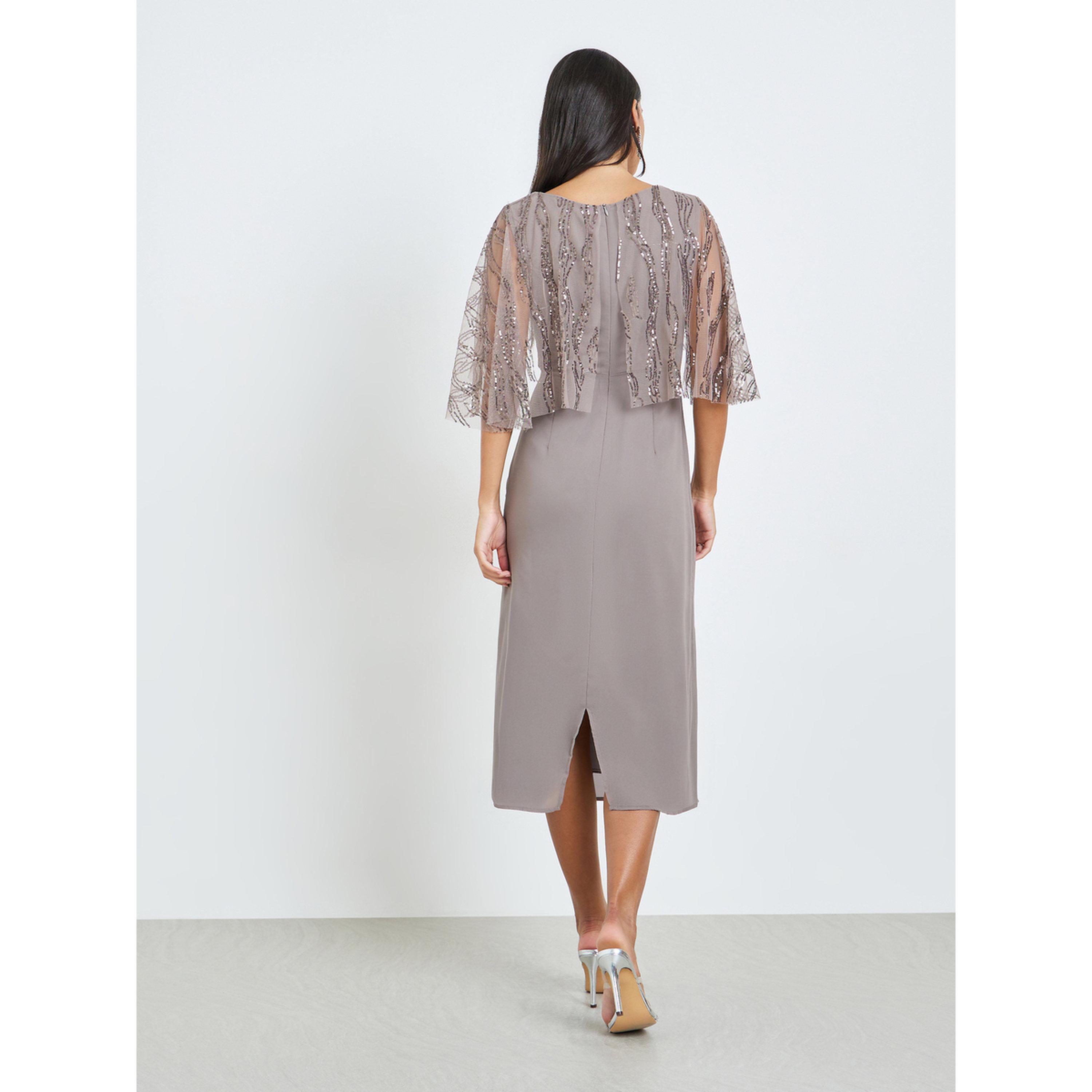 Styli Grey Embellished Cape Sheath Midi Dress-women-clothing-dresses-image-4