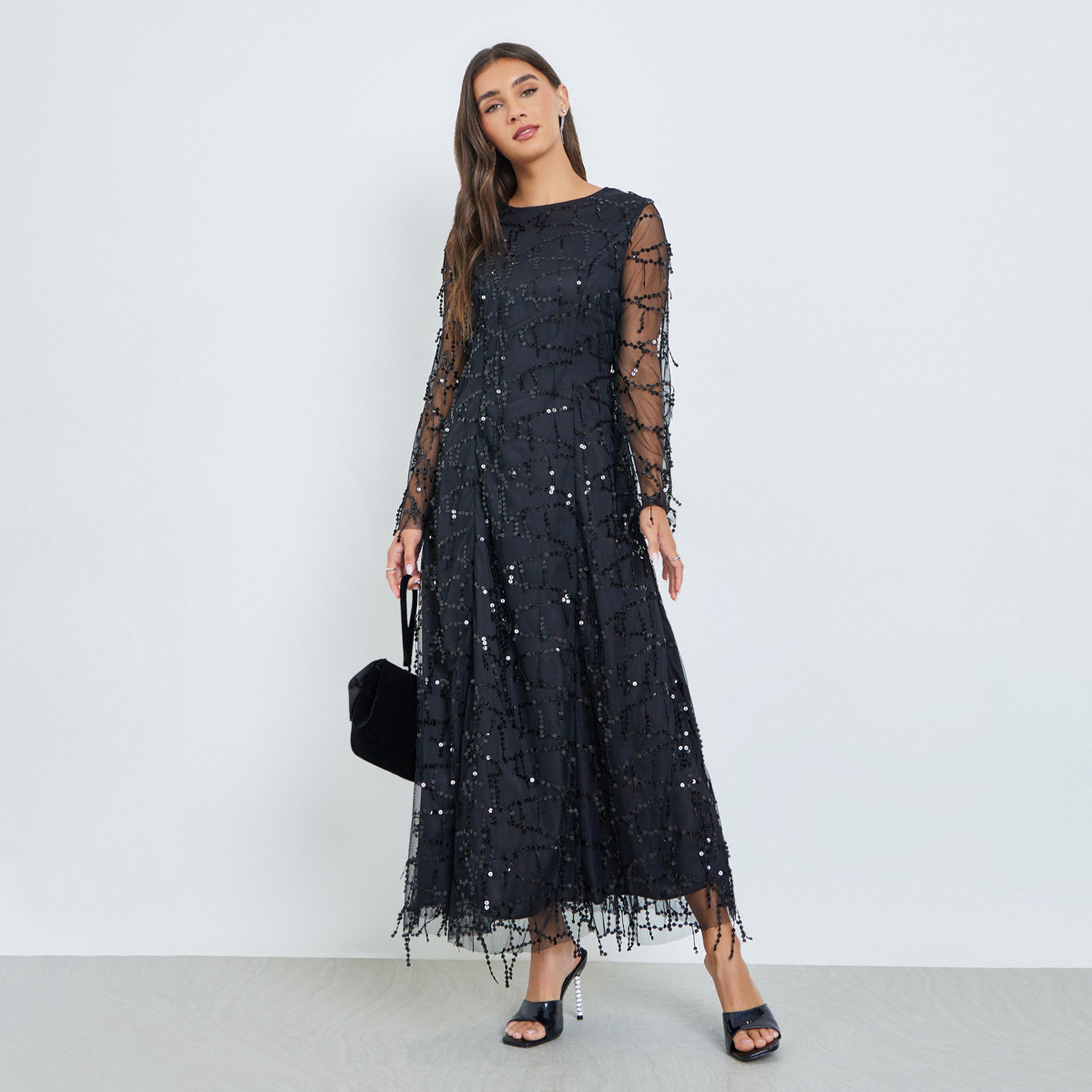 Styli Black Sequin Maxi Dress with Long Sleeves-women-clothing-dresses-image-1