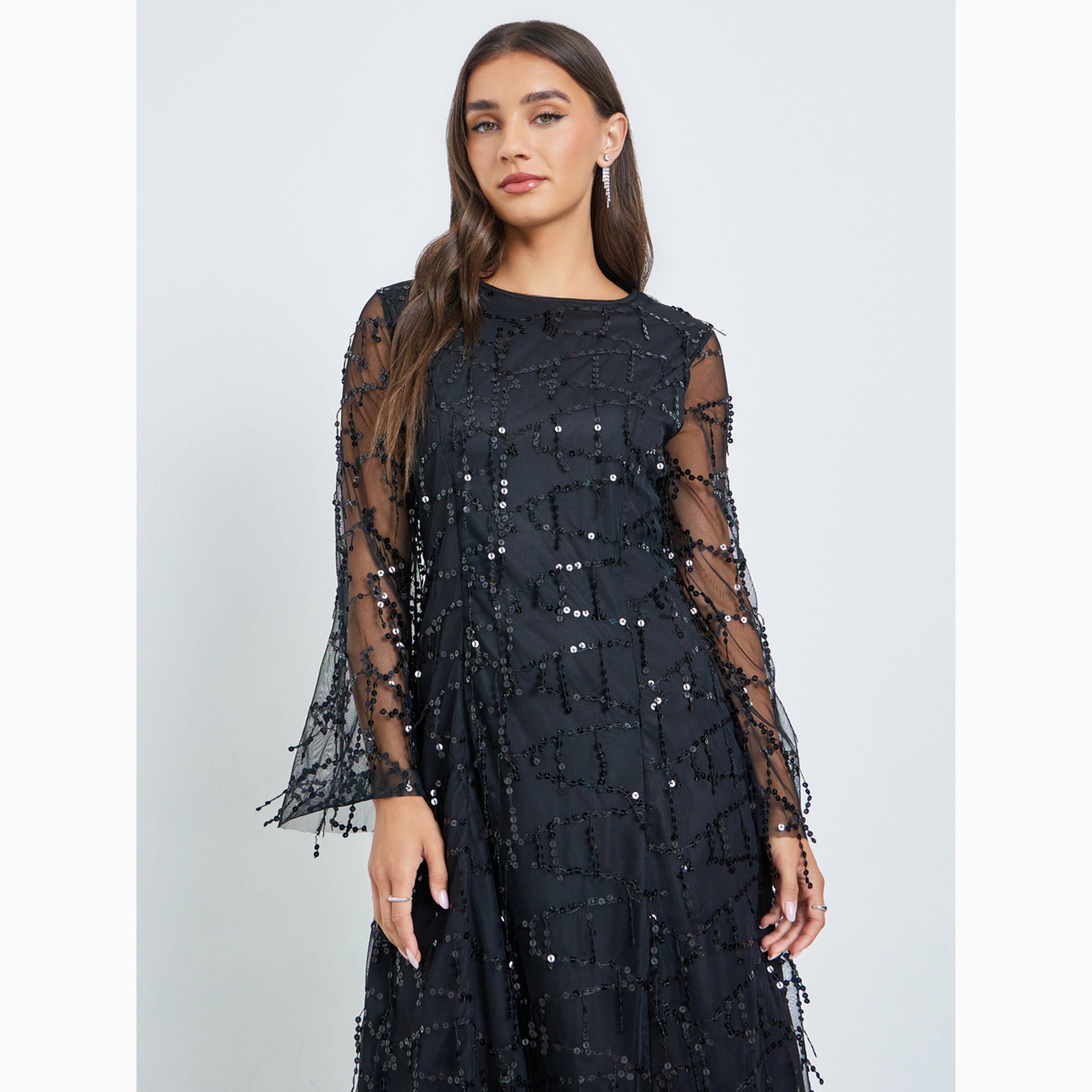 Styli Black Sequin Maxi Dress with Long Sleeves-women-clothing-dresses-image-2