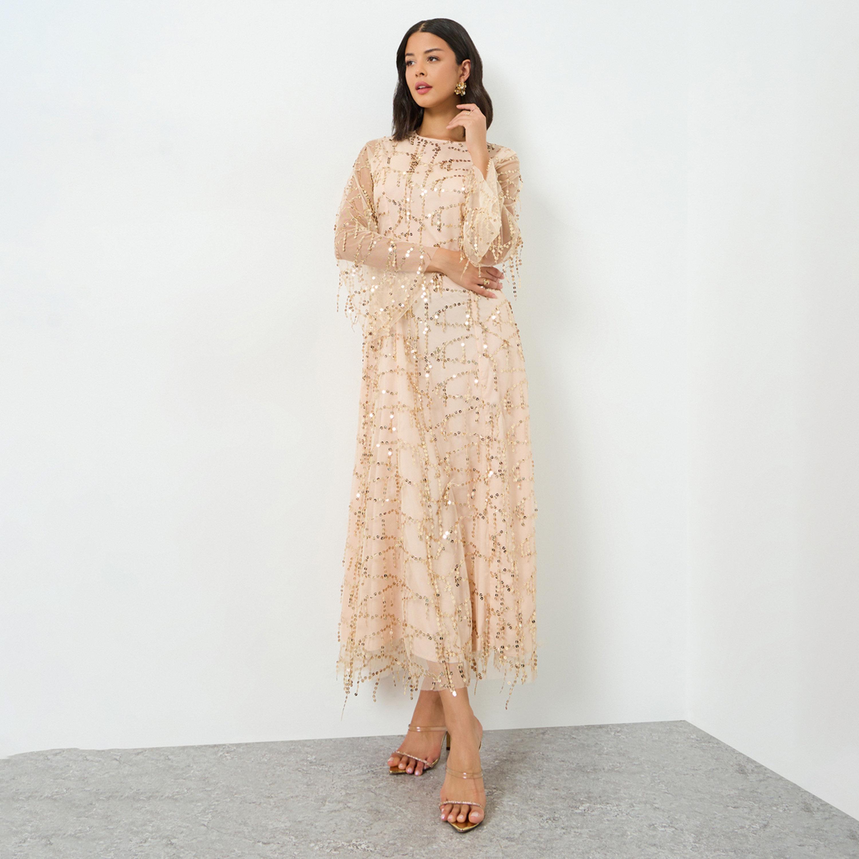 Styli Beige Sequin Maxi Dress with Long Sleeves-women-clothing-dresses-image-1