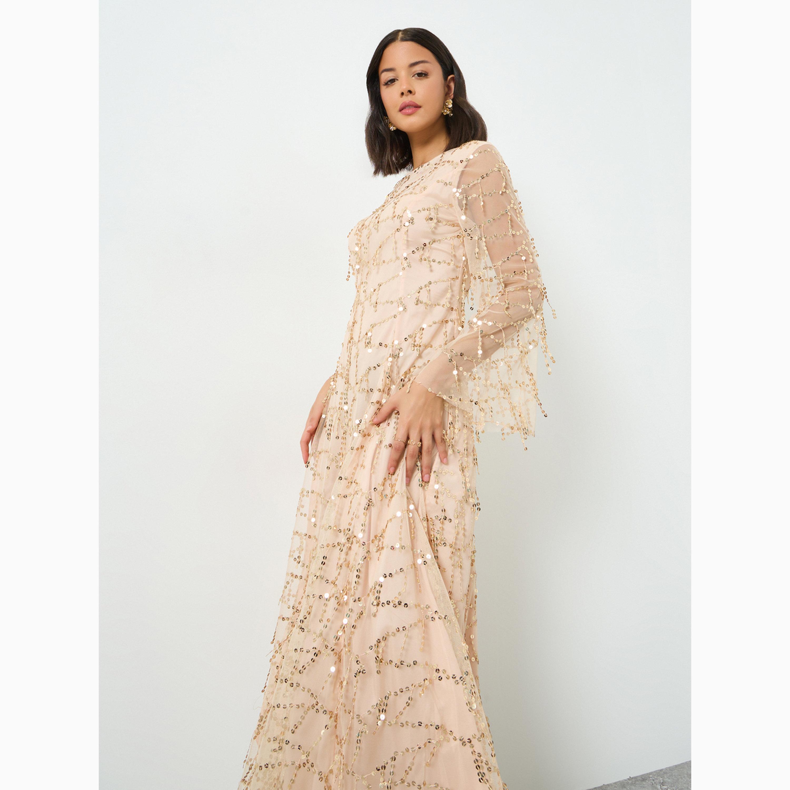 Styli Beige Sequin Maxi Dress with Long Sleeves-women-clothing-dresses-image-2