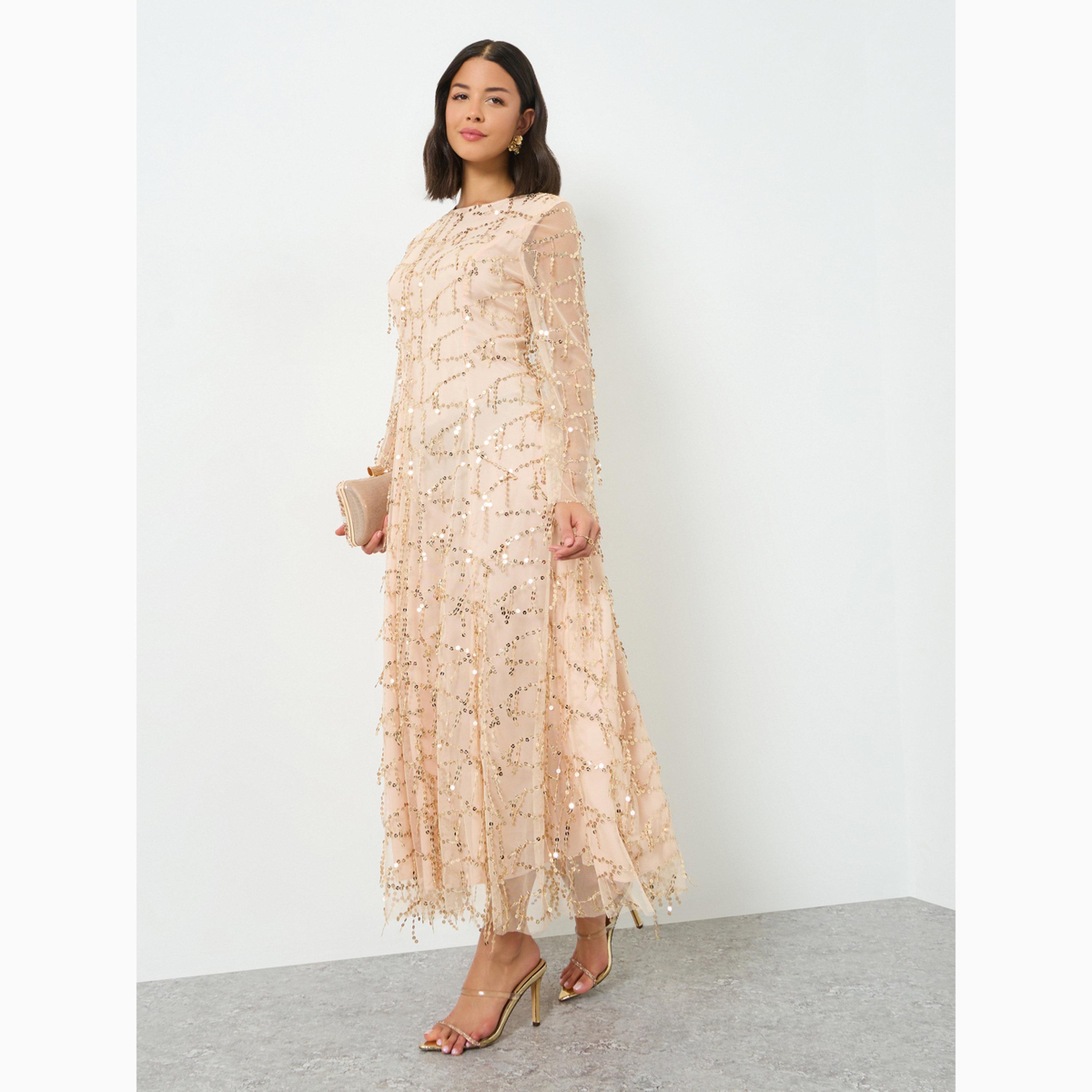 Styli Beige Sequin Maxi Dress with Long Sleeves-women-clothing-dresses-image-3